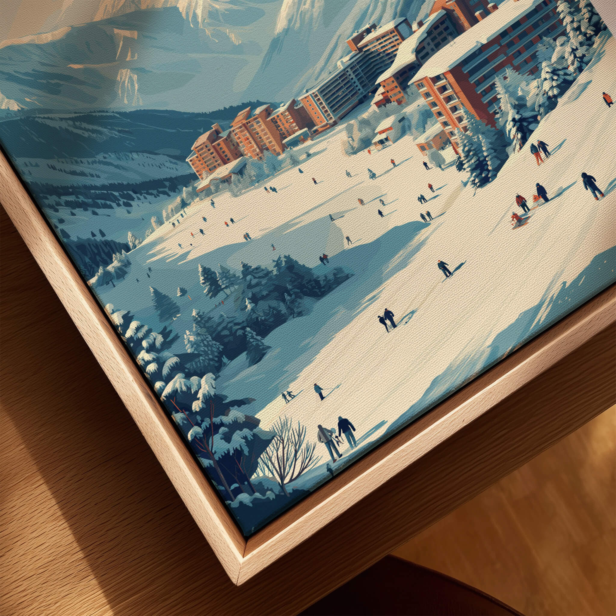 Pas de la Casa Winter Village and Slopes Print | Ski Wall Art featuring skiers on snowy slopes and cozy alpine village.