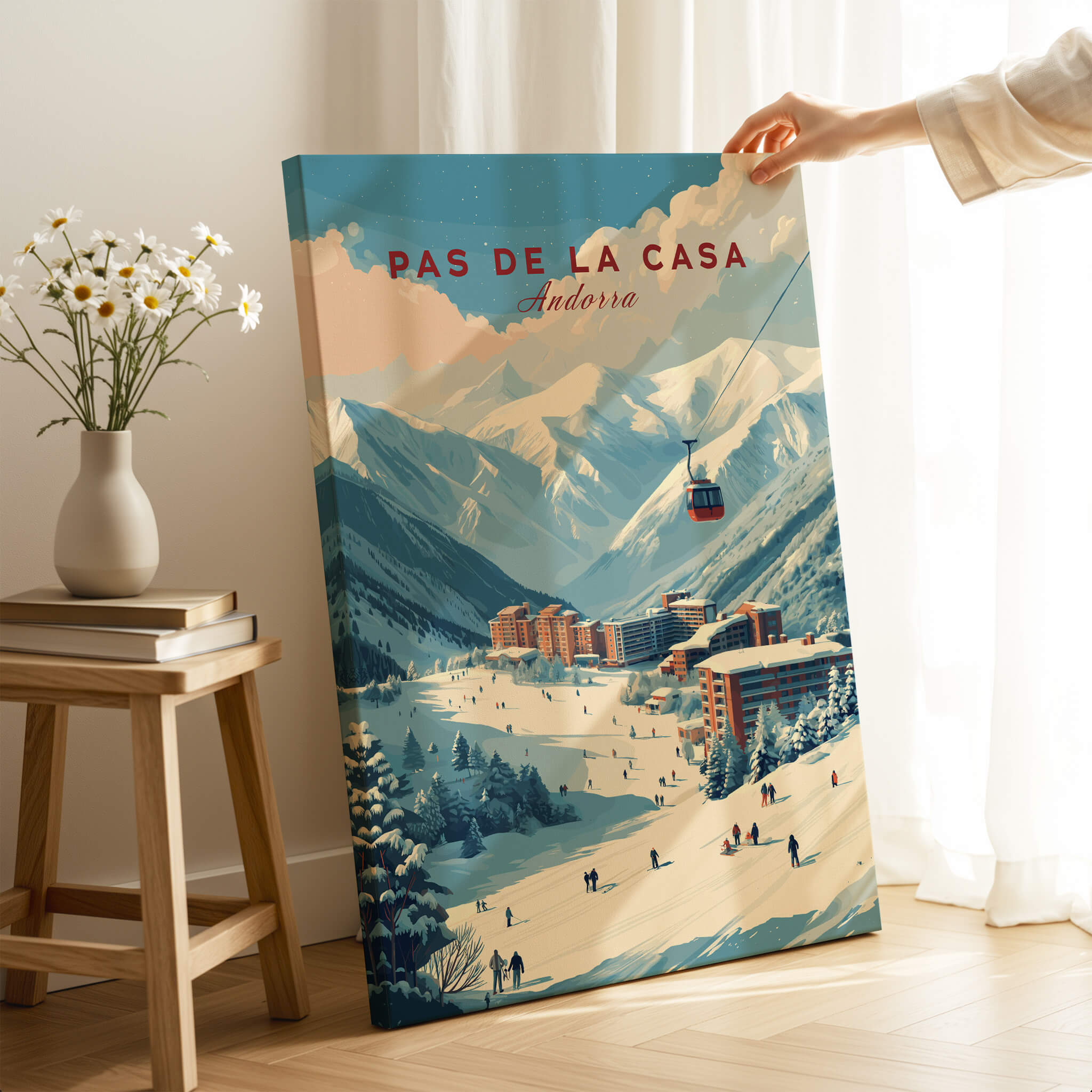 Pas de la Casa Winter Village and Slopes Print | Ski Wall Art featuring a snowy mountain landscape and ski lift.