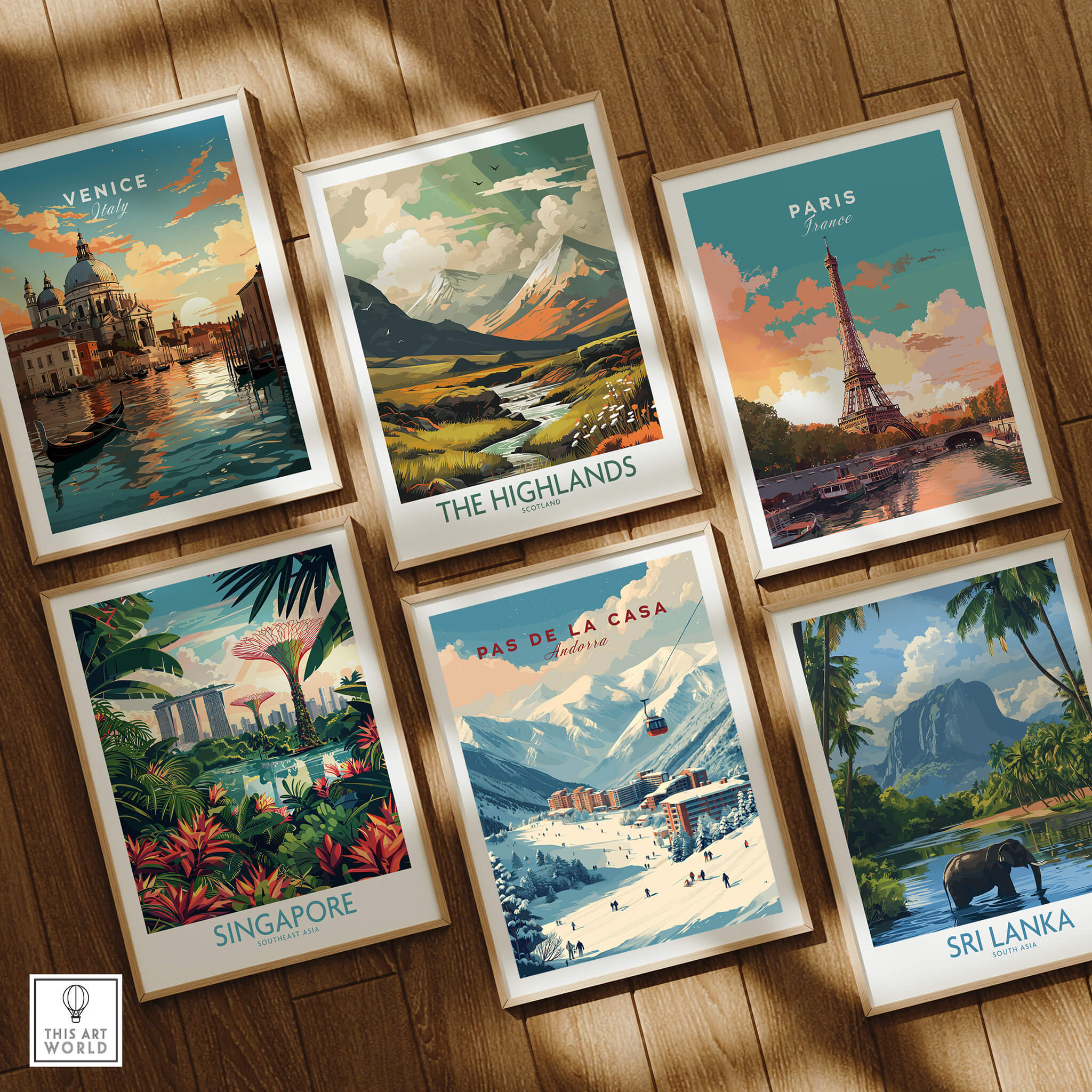 Pas de la Casa Winter Village and Slopes Print | Ski Wall Art displayed among travel posters.