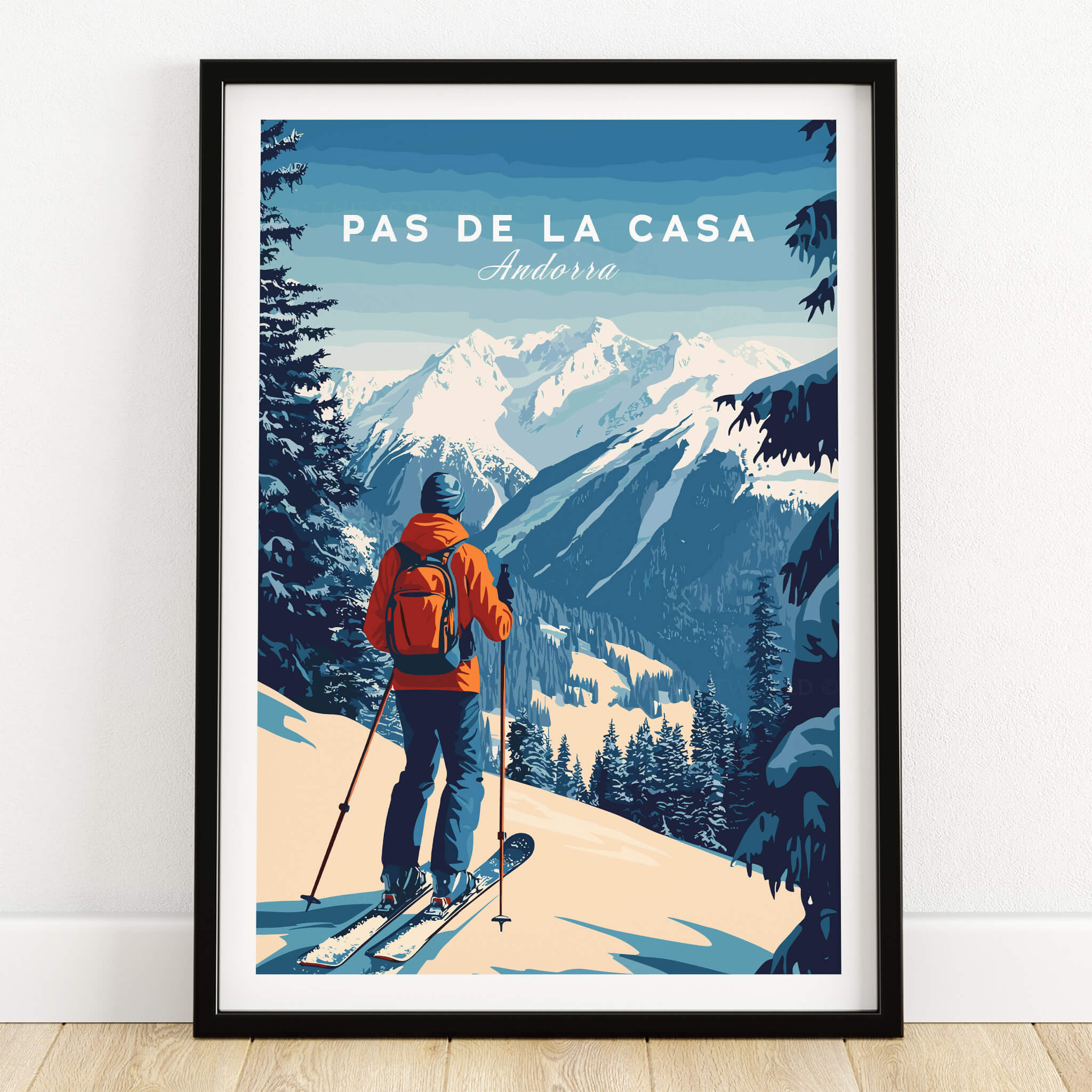 Pas de la Casa Poster Grandvalira Ski Print | Snow and Ski Wall Decor featuring a skier overlooking snowy mountains.