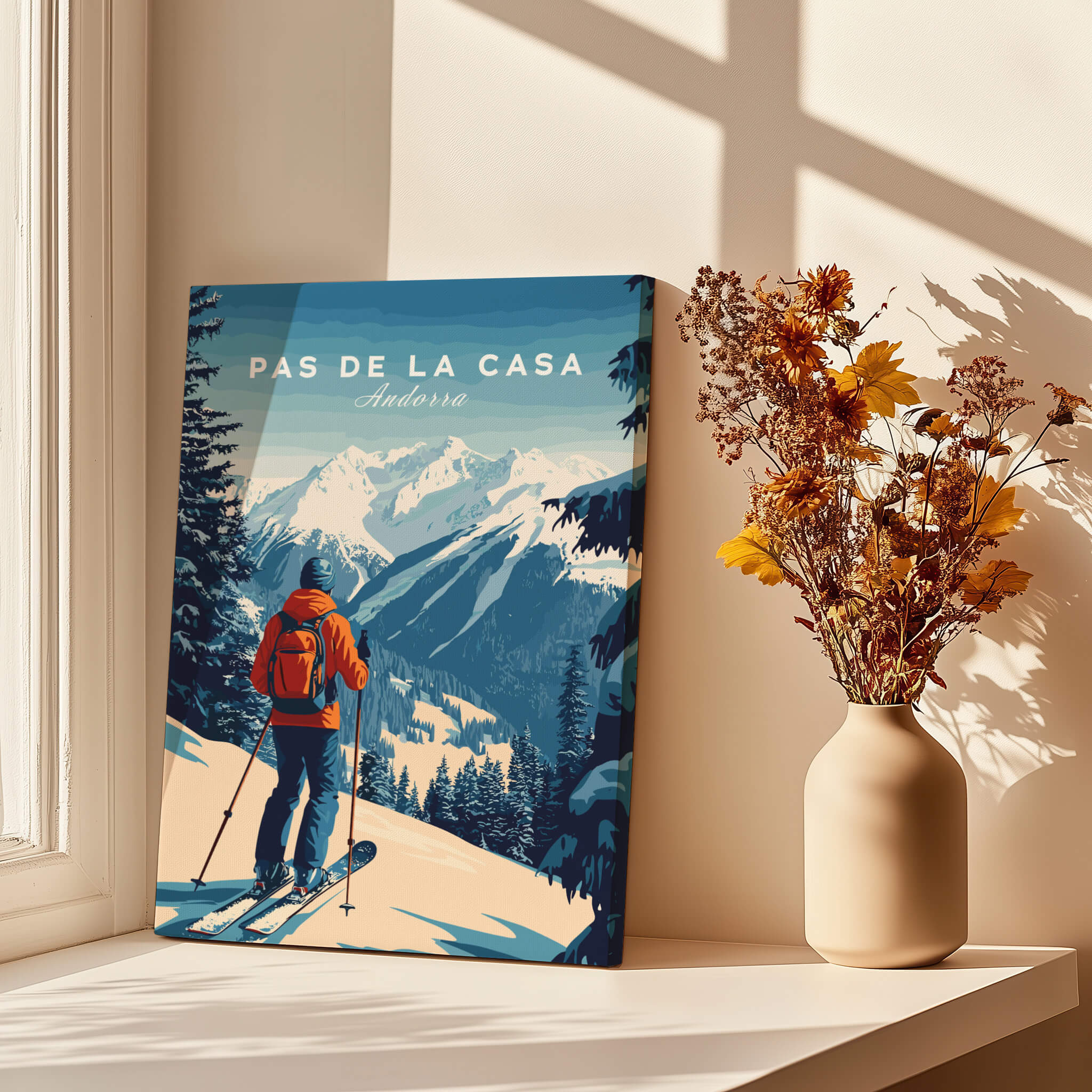 Pas de la Casa Poster Grandvalira Ski Print | Snow and Ski Wall Decor featuring a skier in a snowy landscape.