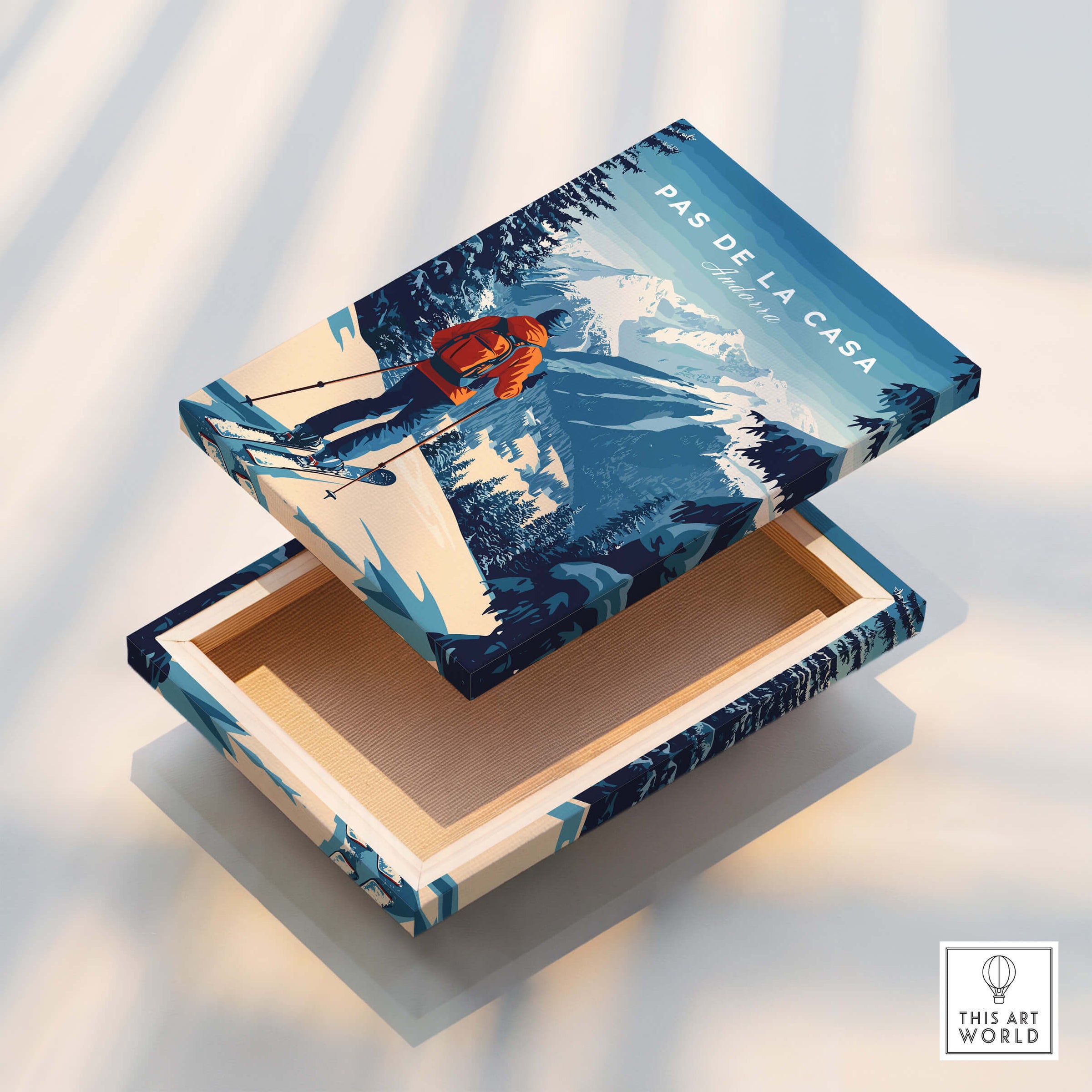 Pas de la Casa Poster Grandvalira Ski Print | Snow and Ski Wall Decor on a decorative wooden box.