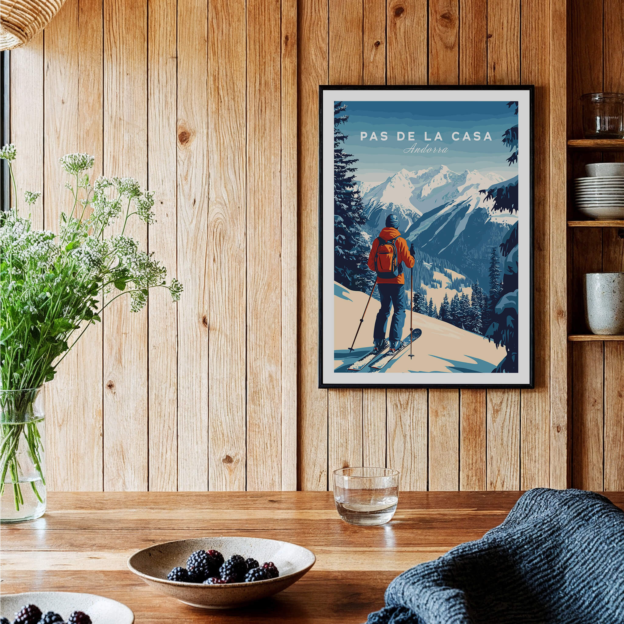 Pas de la Casa Poster Grandvalira Ski Print | Snow and Ski Wall Decor displayed in a cozy wooden interior.