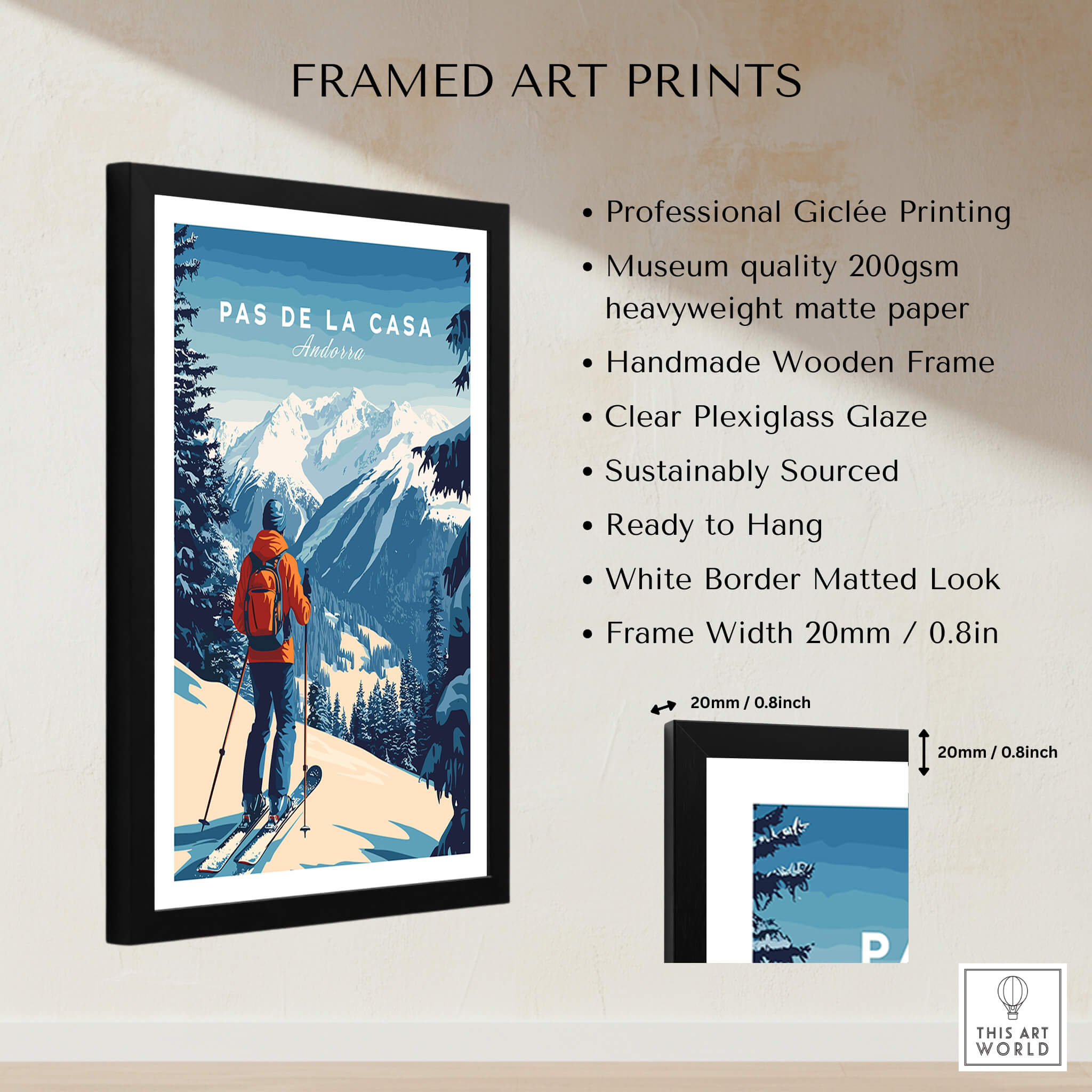 Pas de la Casa Poster Grandvalira Ski Print | Snow and Ski Wall Decor featuring a skier on snow-covered slopes.