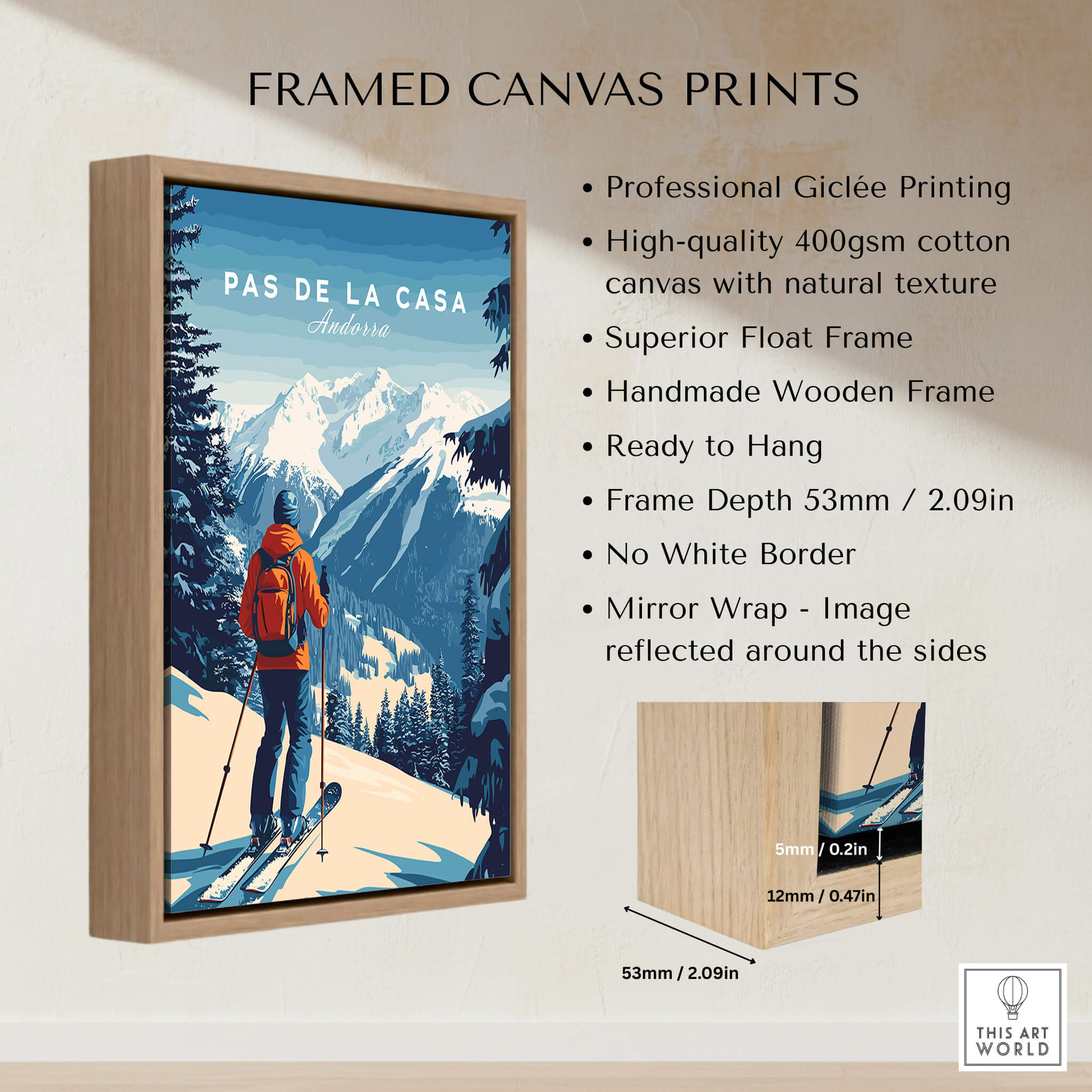 Pas de la Casa Poster Grandvalira Ski Print | Snow and Ski Wall Decor framed canvas print with ski scene.