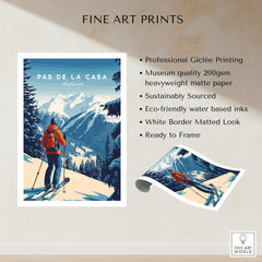 Pas de la Casa Poster Grandvalira Ski Print | Snow and Ski Wall Decor featuring a skier in a snowy mountain landscape.