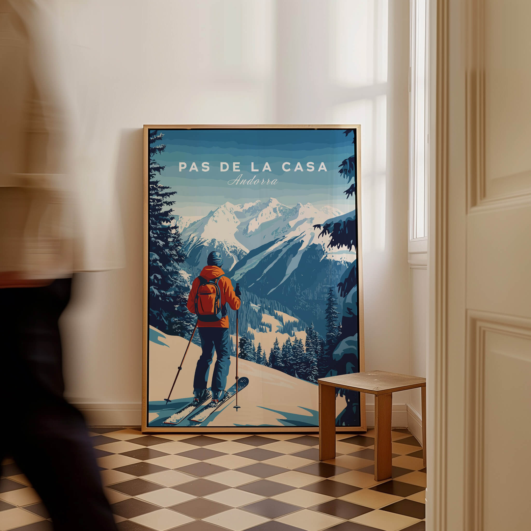 Pas de la Casa Poster Grandvalira Ski Print | Snow and Ski Wall Decor in a cozy indoor setting.