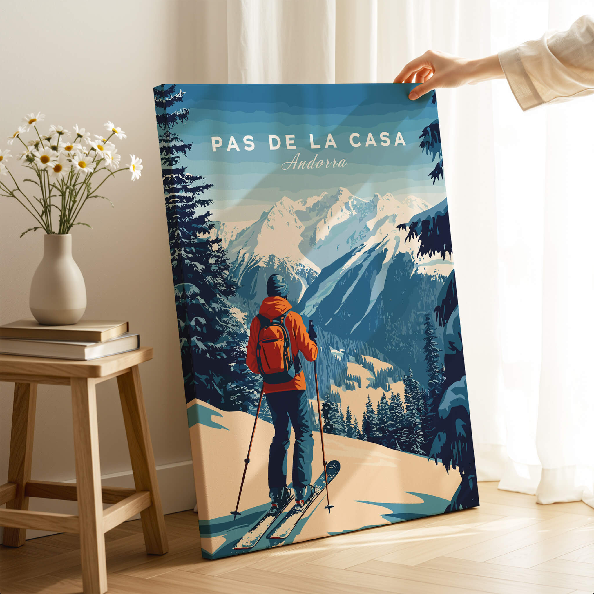 Pas de la Casa Poster Grandvalira Ski Print | Snow and Ski Wall Decor with a skier in a snowy mountain landscape.