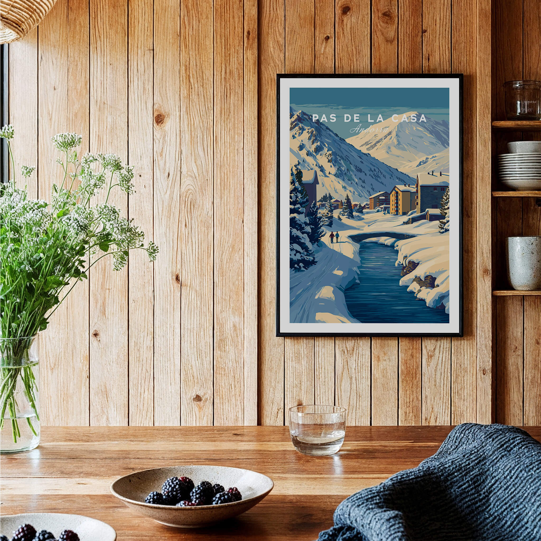 Pas de la Casa Pyrenees Ski Town View Print | Winter Landscape Home Decor displayed in a cozy interior with wooden walls.