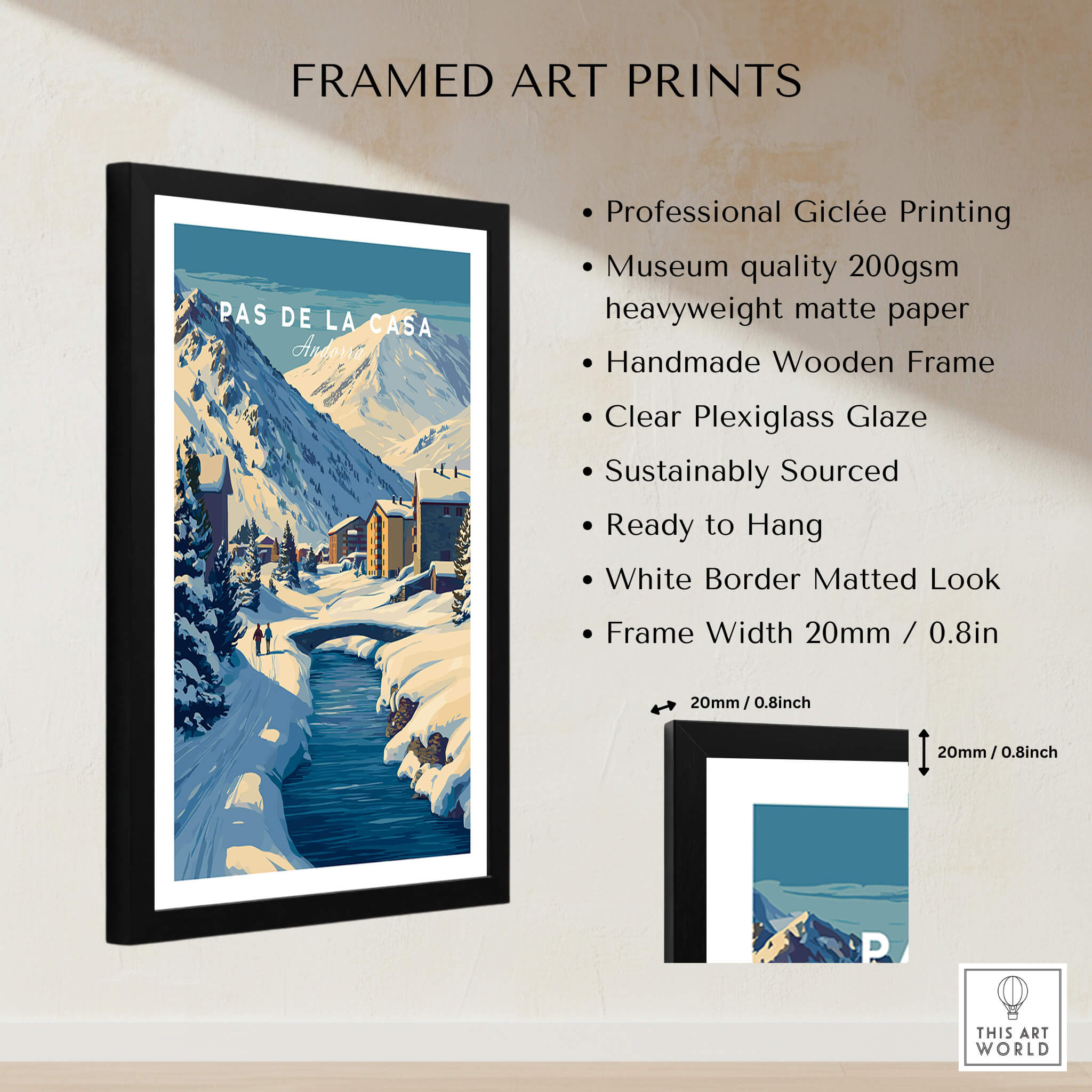 Pas de la Casa Pyrenees Ski Town View Print | Winter Landscape Home Decor framed art print with mountain scene.