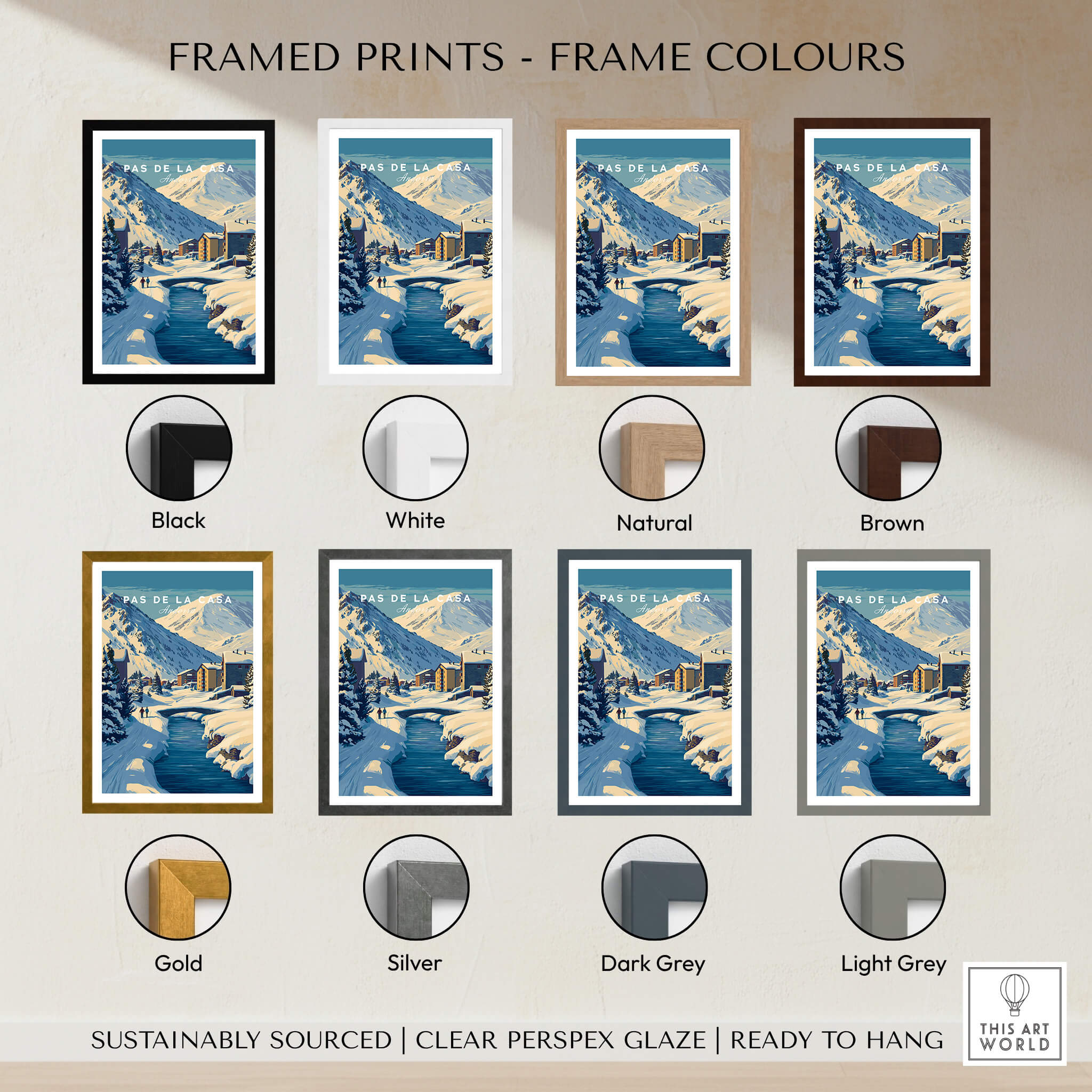 Pas de la Casa Pyrenees Ski Town View Print | Winter Landscape Home Decor framed print color options display.