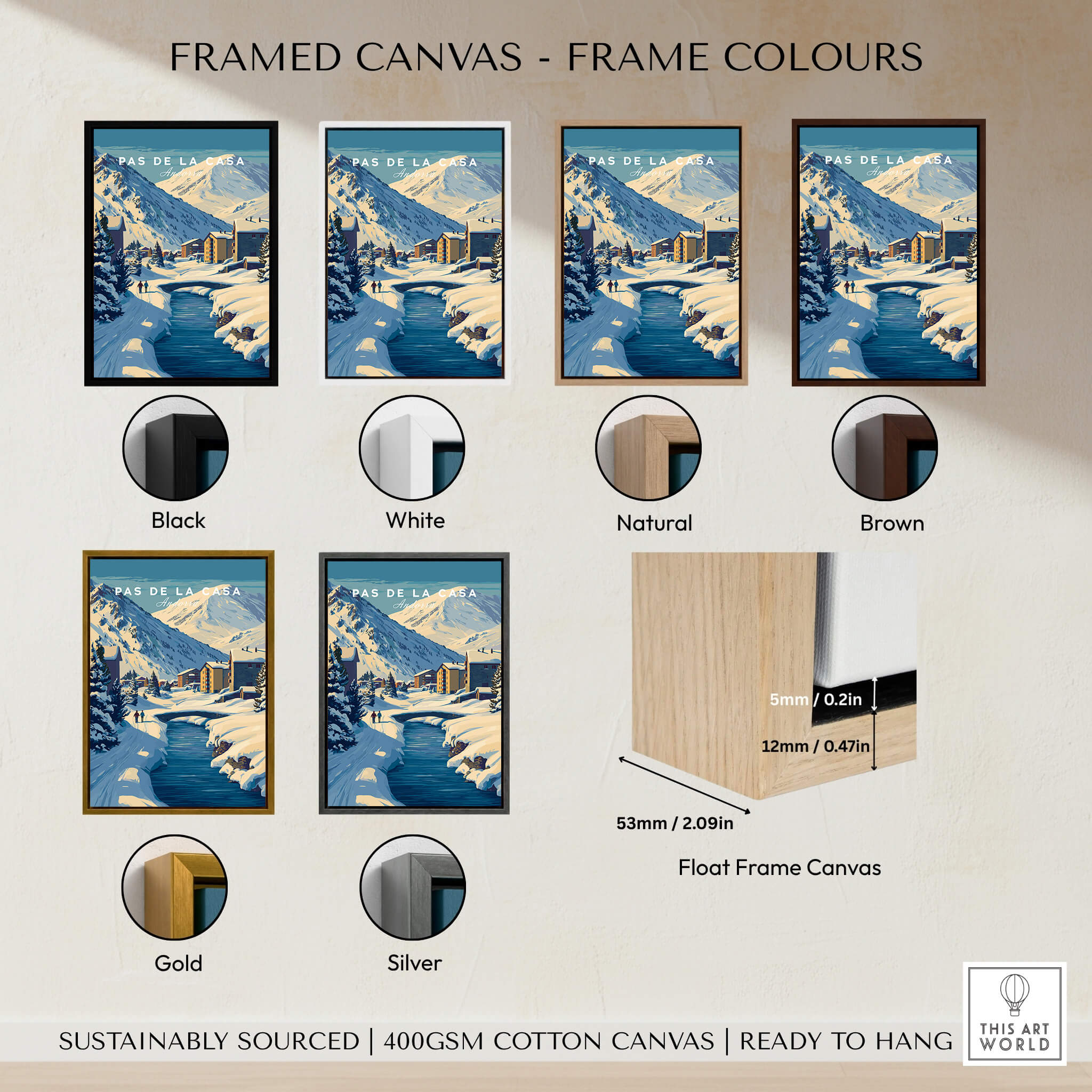 Framed canvas options for Pas de la Casa Pyrenees Ski Town View Print | Winter Landscape Home Decor.