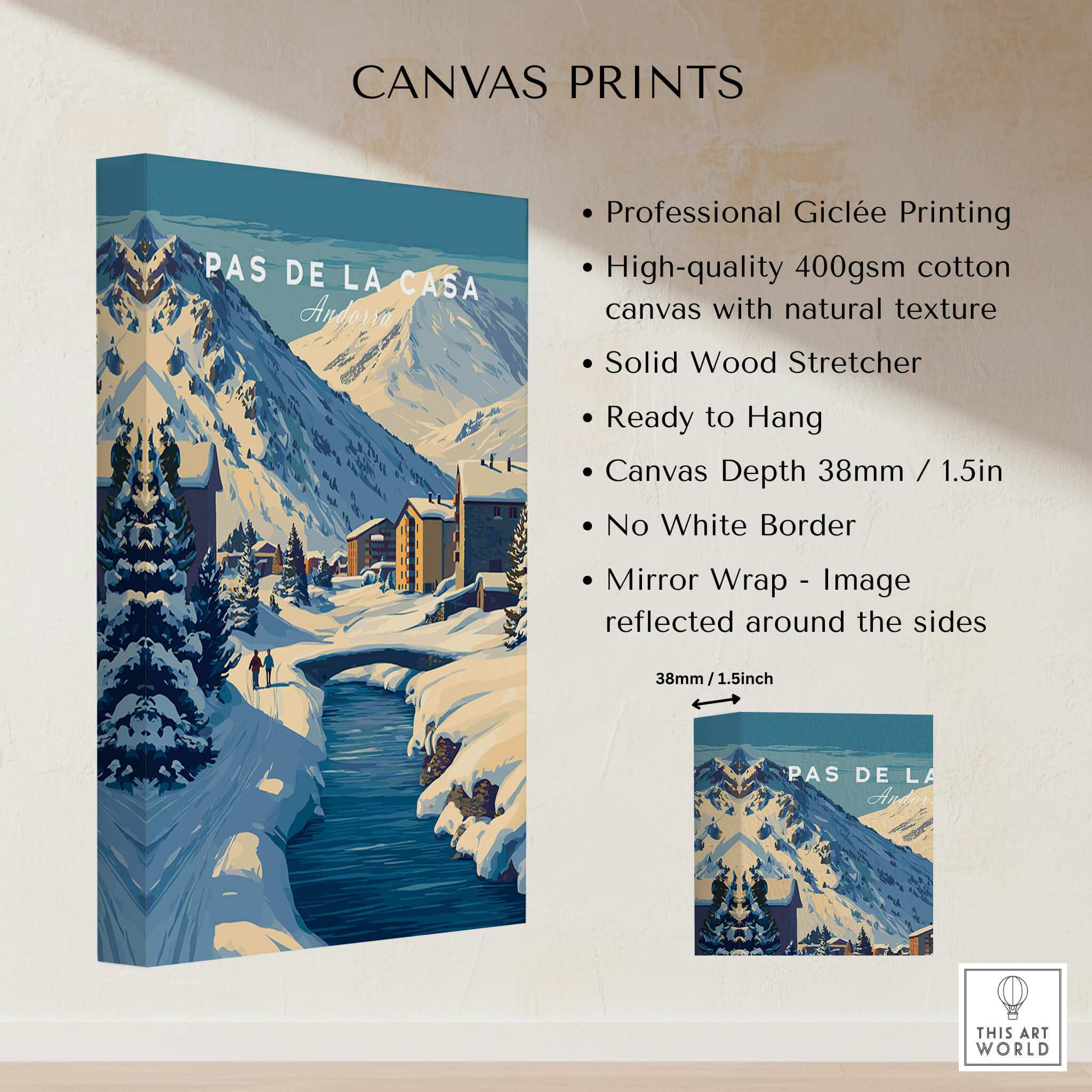 Pas de la Casa Pyrenees Ski Town View Print | Winter Landscape Home Decor canvas print showcasing professional Giclée quality.