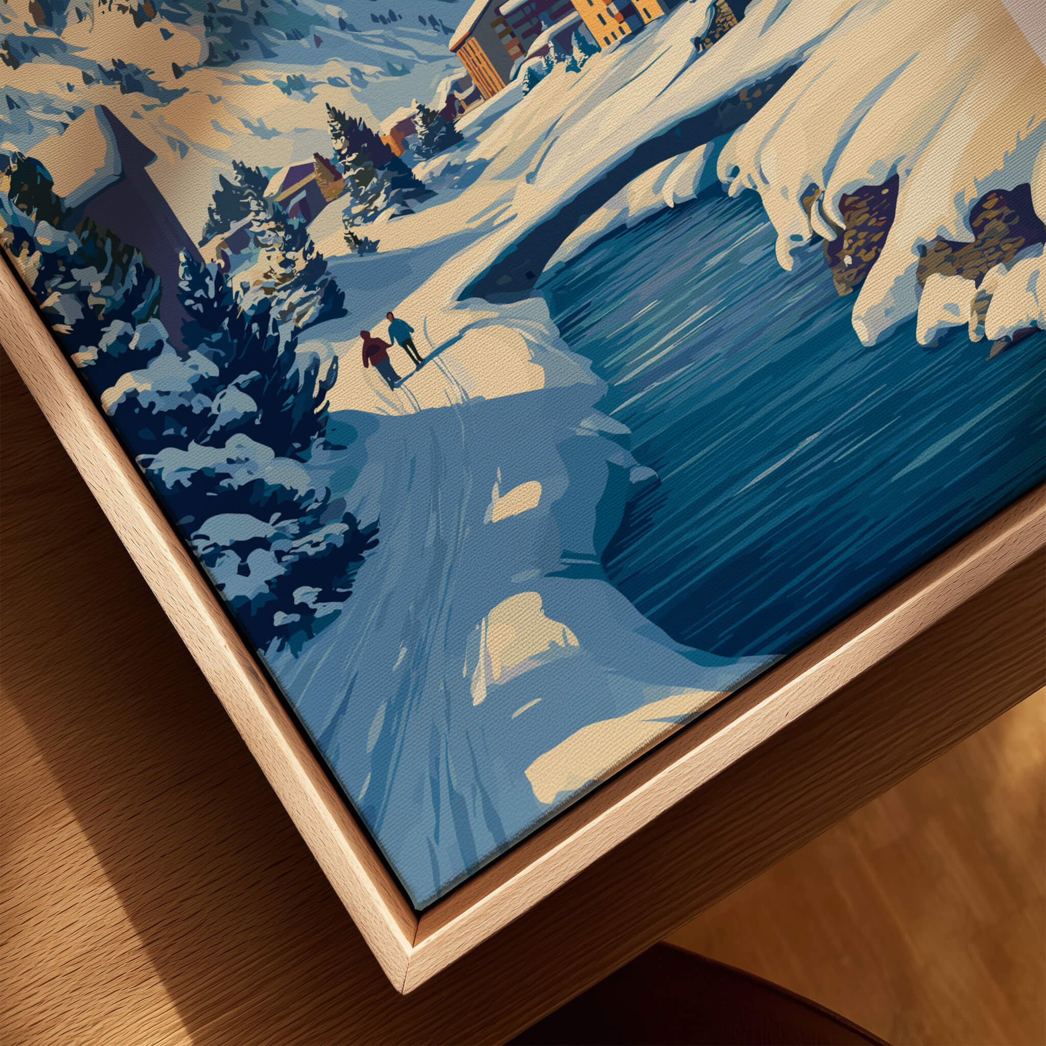 Pas de la Casa Pyrenees Ski Town View Print | Winter Landscape Home Decor featuring a snowy river scene.