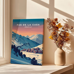 Pas de la Casa Wall Art | Andorra Travel Print displayed by a window with flowers.