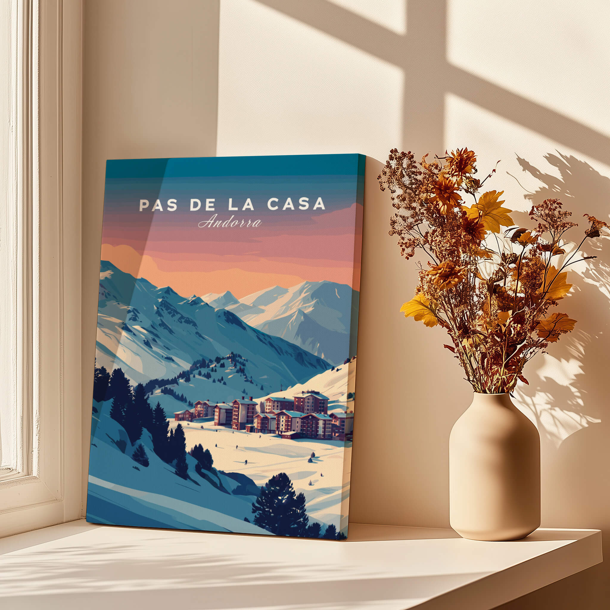 Pas de la Casa Wall Art | Andorra Travel Print displayed by a window with flowers.