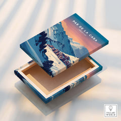 Pas de la Casa Wall Art | Andorra Travel Print displayed on a decorative box showcasing stunning mountain scenery.
