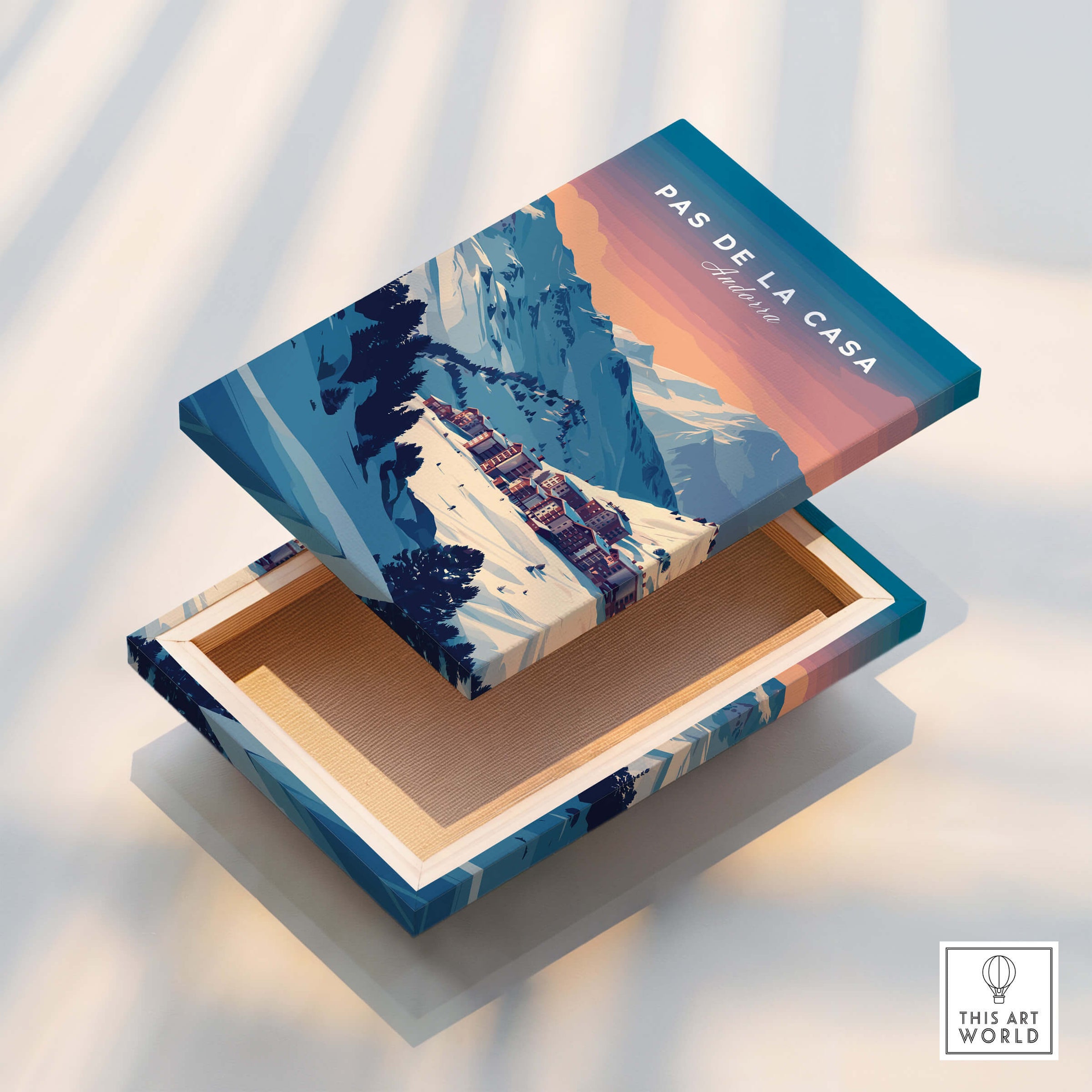 Pas de la Casa Wall Art | Andorra Travel Print displayed on a decorative box showcasing stunning mountain scenery.