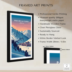 Framed Pas de la Casa Wall Art | Andorra Travel Print showcasing mountains and ski resort details.