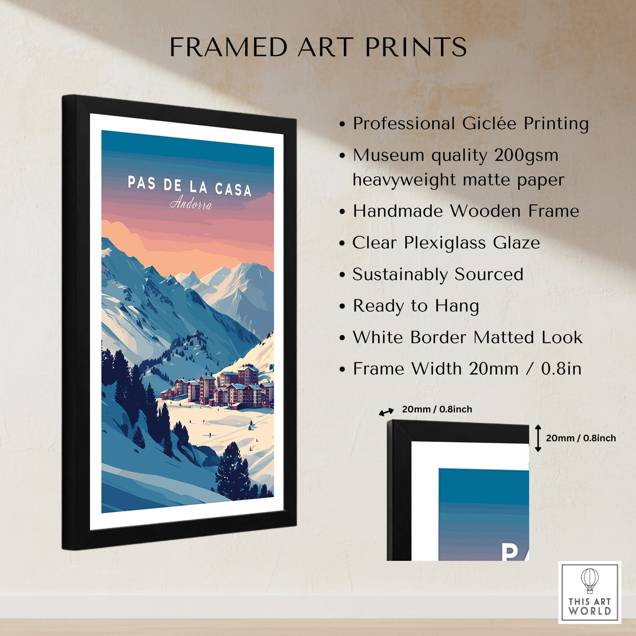 Framed Pas de la Casa Wall Art | Andorra Travel Print showcasing mountains and ski resort details.