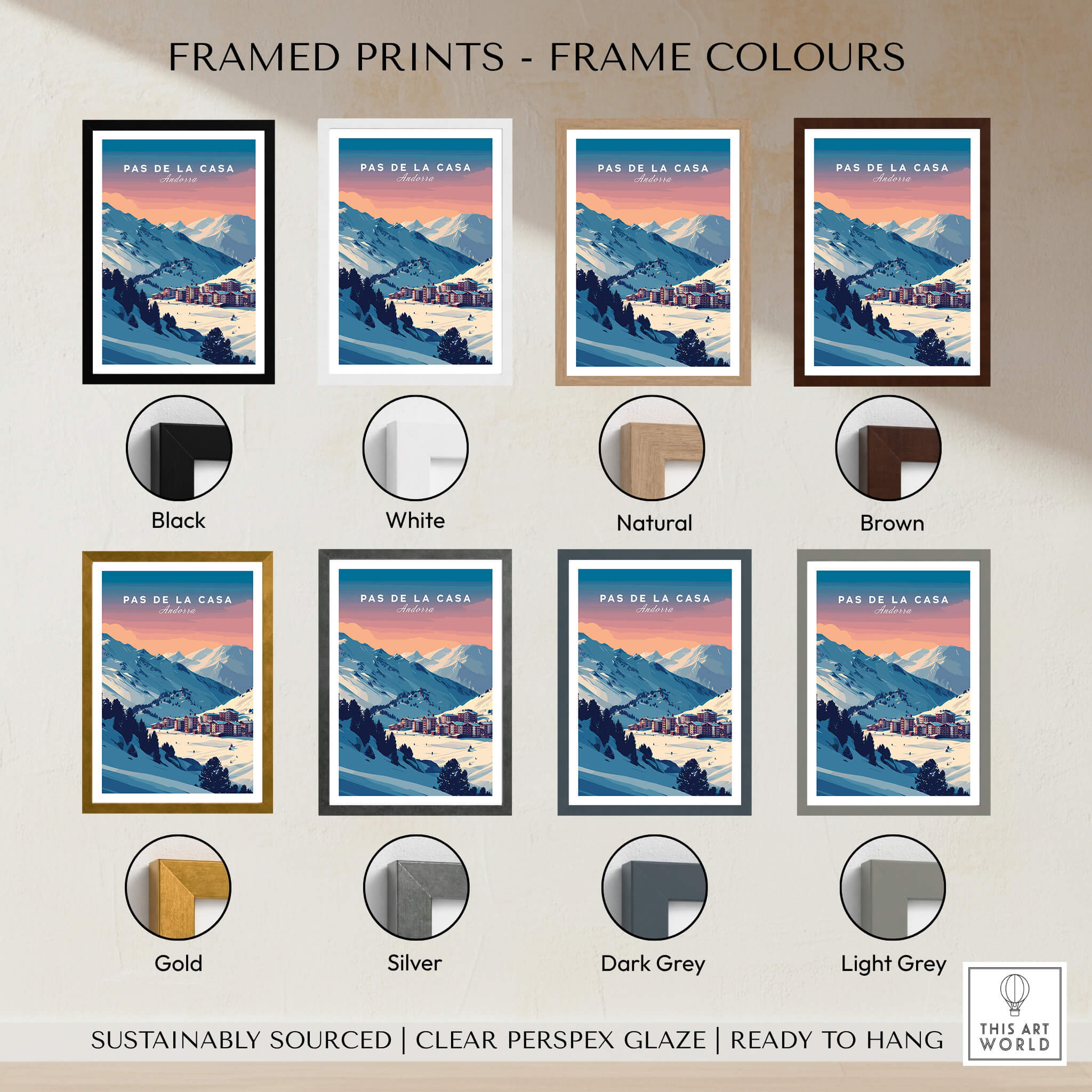 Framed prints showcase various colors for Pas de la Casa Wall Art | Andorra Travel Print, including black, white, natural, and more.