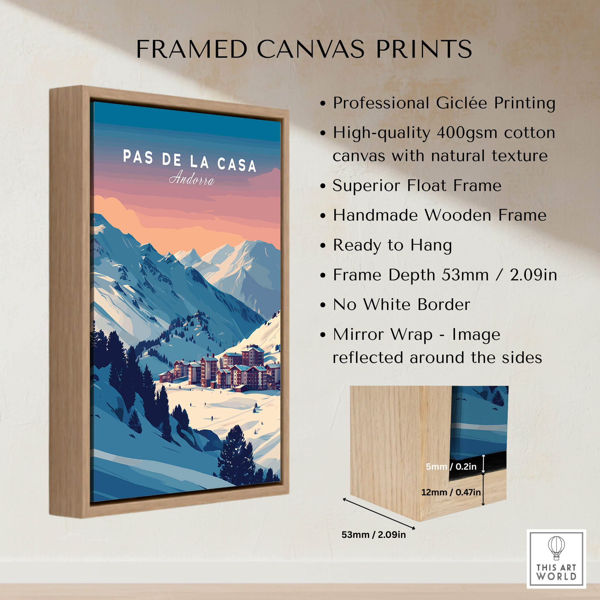 Pas de la Casa Wall Art | Andorra Travel Print displayed in a high-quality wooden frame showcasing the vibrant landscape.