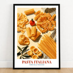 Italian Pasta Chart Kitchen Wall Art - art print in black frame on wooden floor