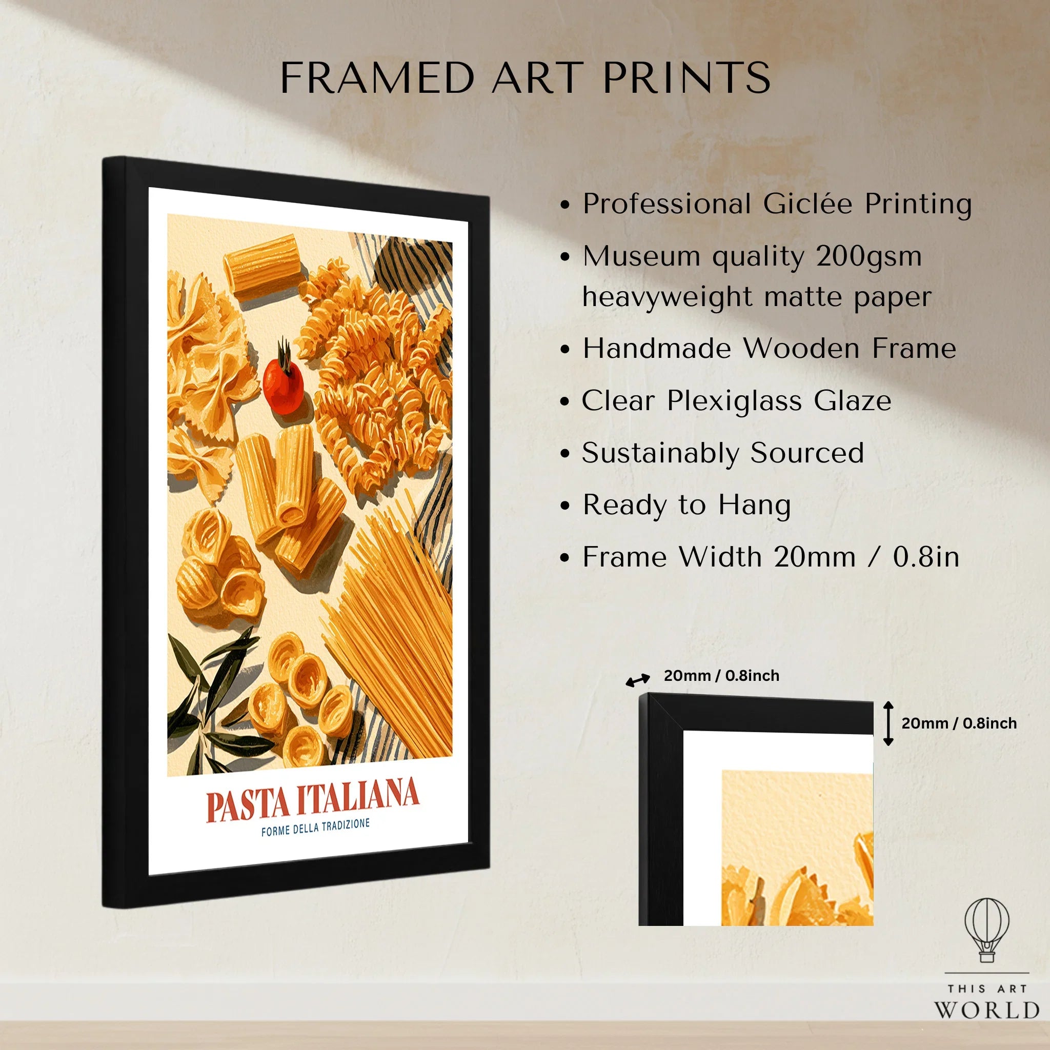 Italian Pasta Chart Kitchen Wall Art - framed print details measurements quality details