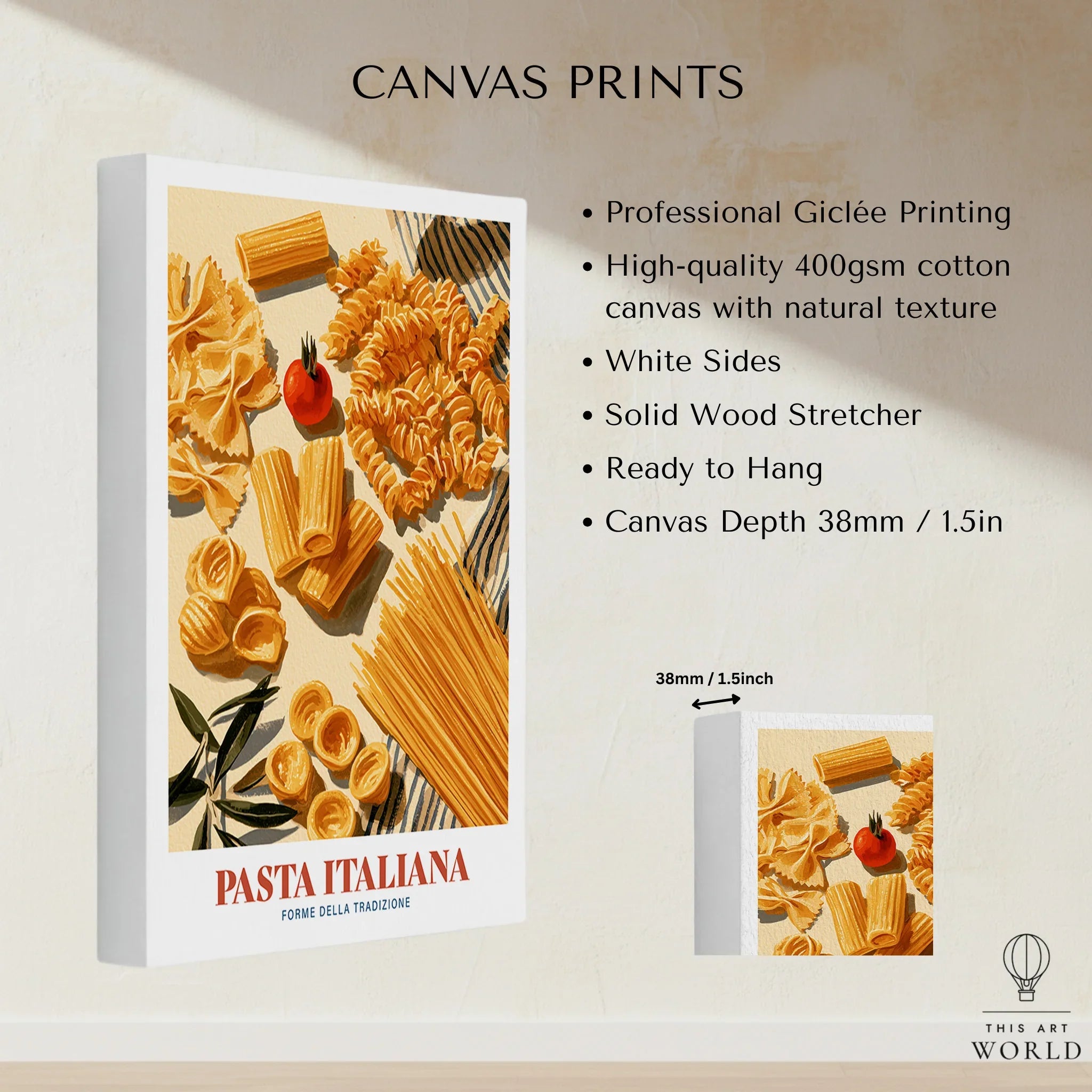 Italian Pasta Chart Kitchen Wall Art - canvas print stretched cotton canvas details