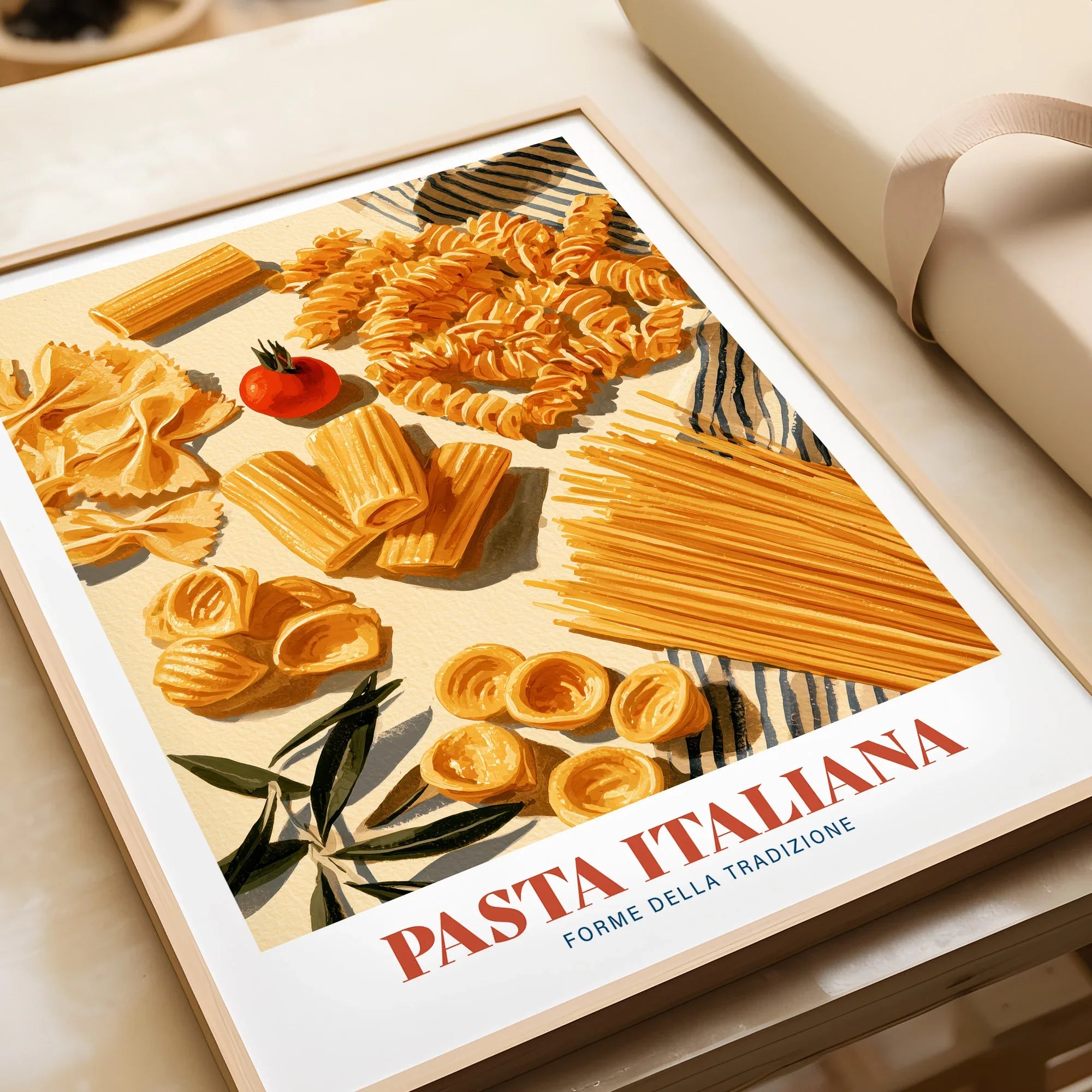 Italian Pasta Chart Kitchen Wall Art - framed art print closeup gift unwrapped natural frame