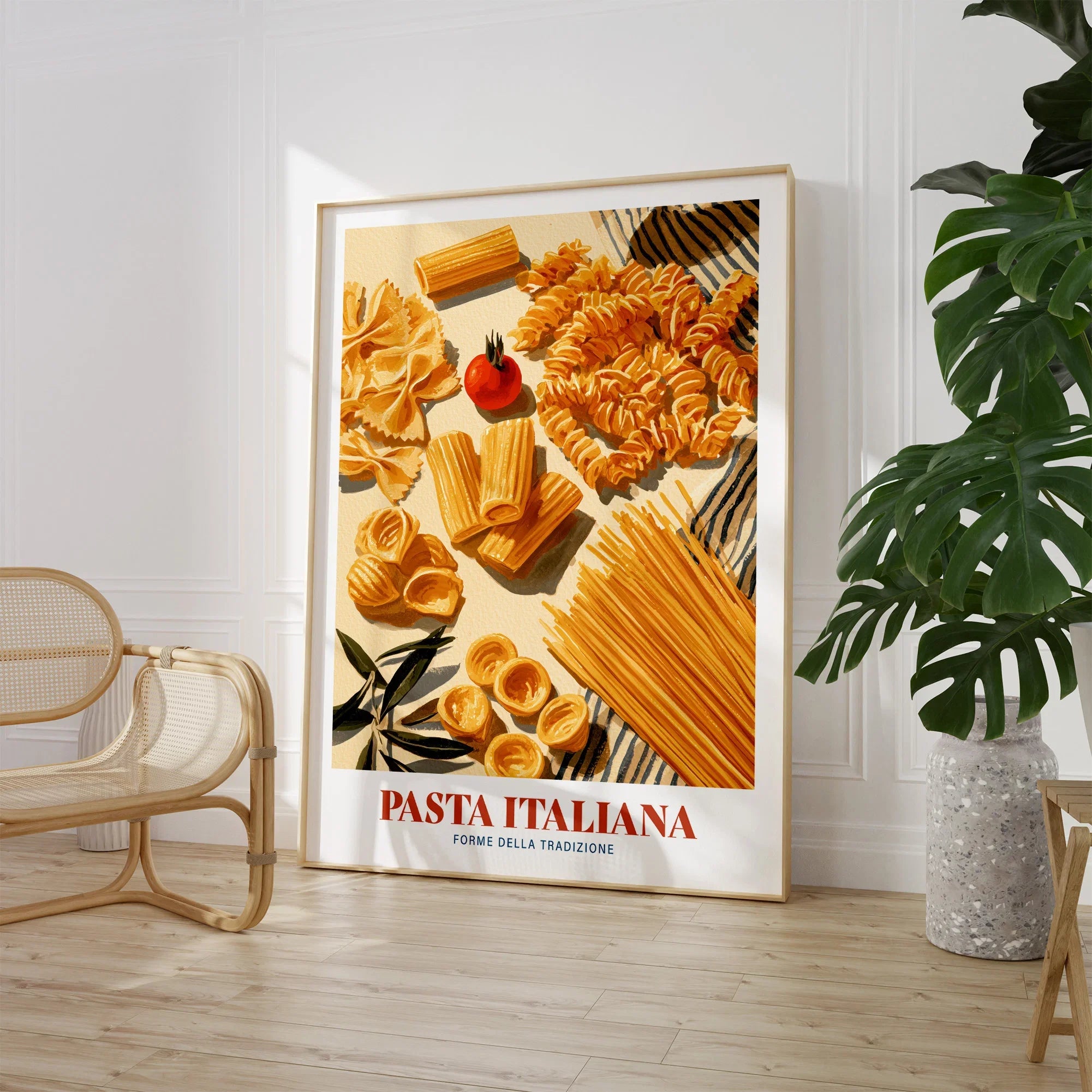 Italian Pasta Chart Kitchen Wall Art - large framed print room setting chair plant