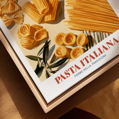 Italian Pasta Chart Kitchen Wall Art - closeup framed canvas natural wood floating frame