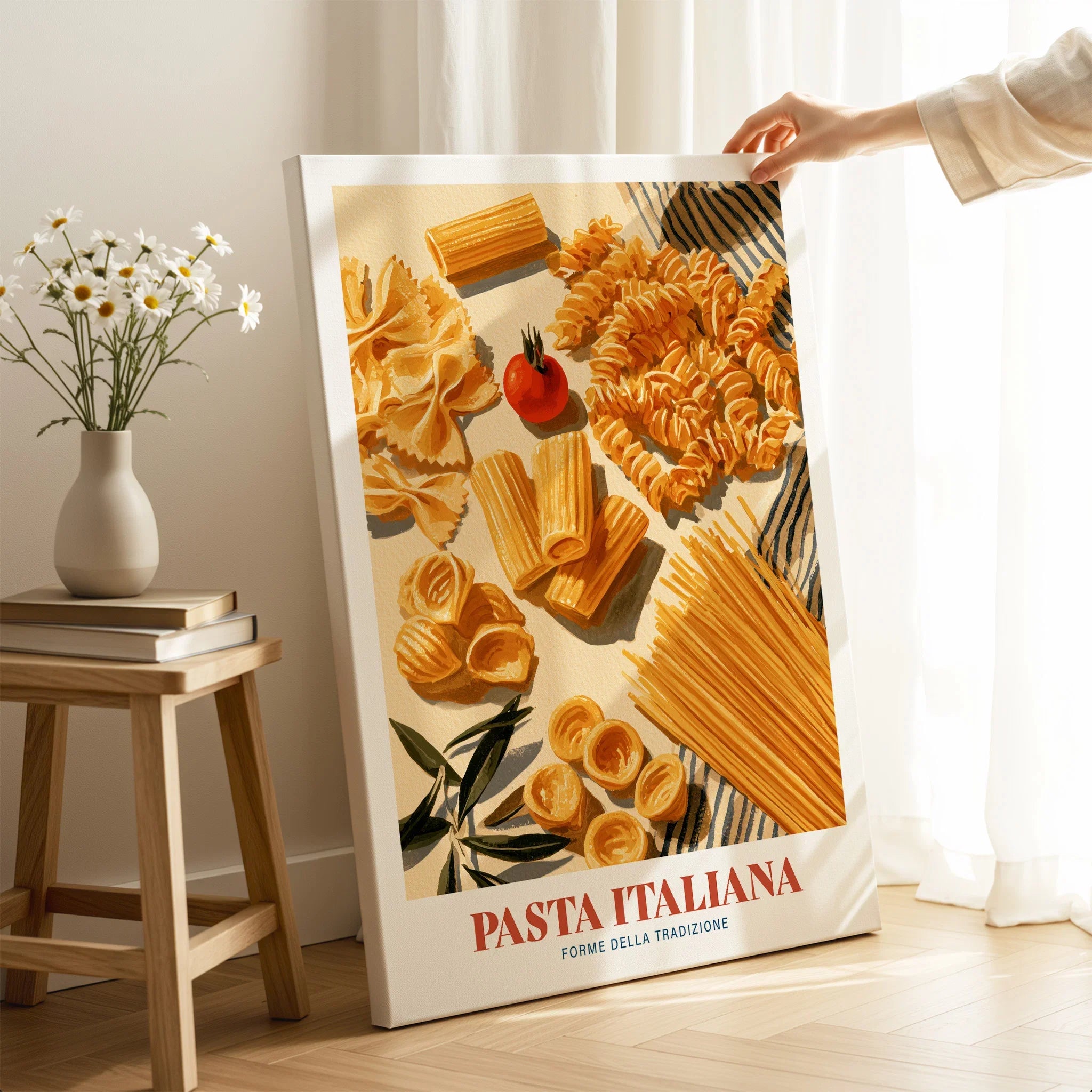 Italian Pasta Chart Kitchen Wall Art - canvas print mirror edge hand holding room setting