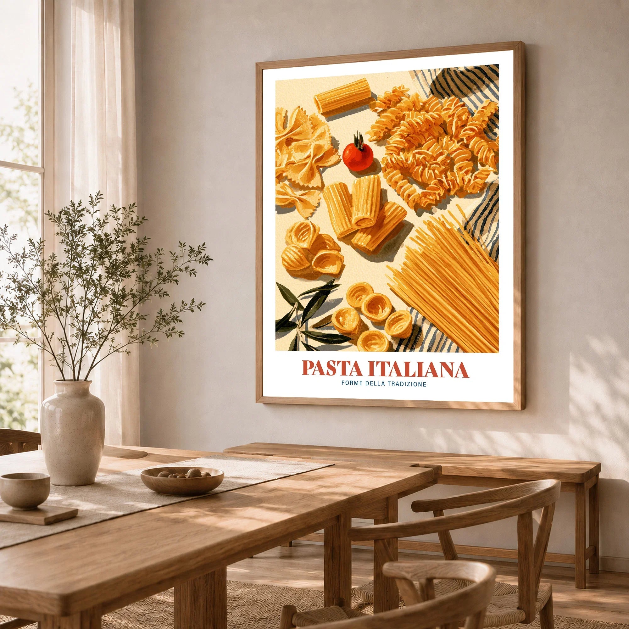 Italian Pasta Chart Kitchen Wall Art - dining room framed print natural wood frame mockup ThisArtWorld