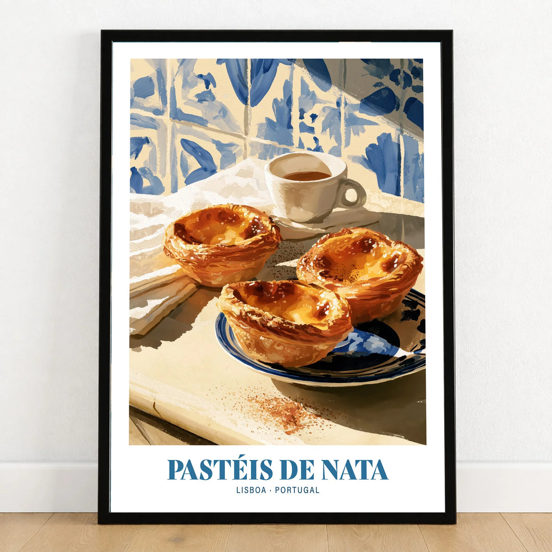 Pasteis de Nata Portuguese Kitchen Wall Art - art print in black frame on wooden floor