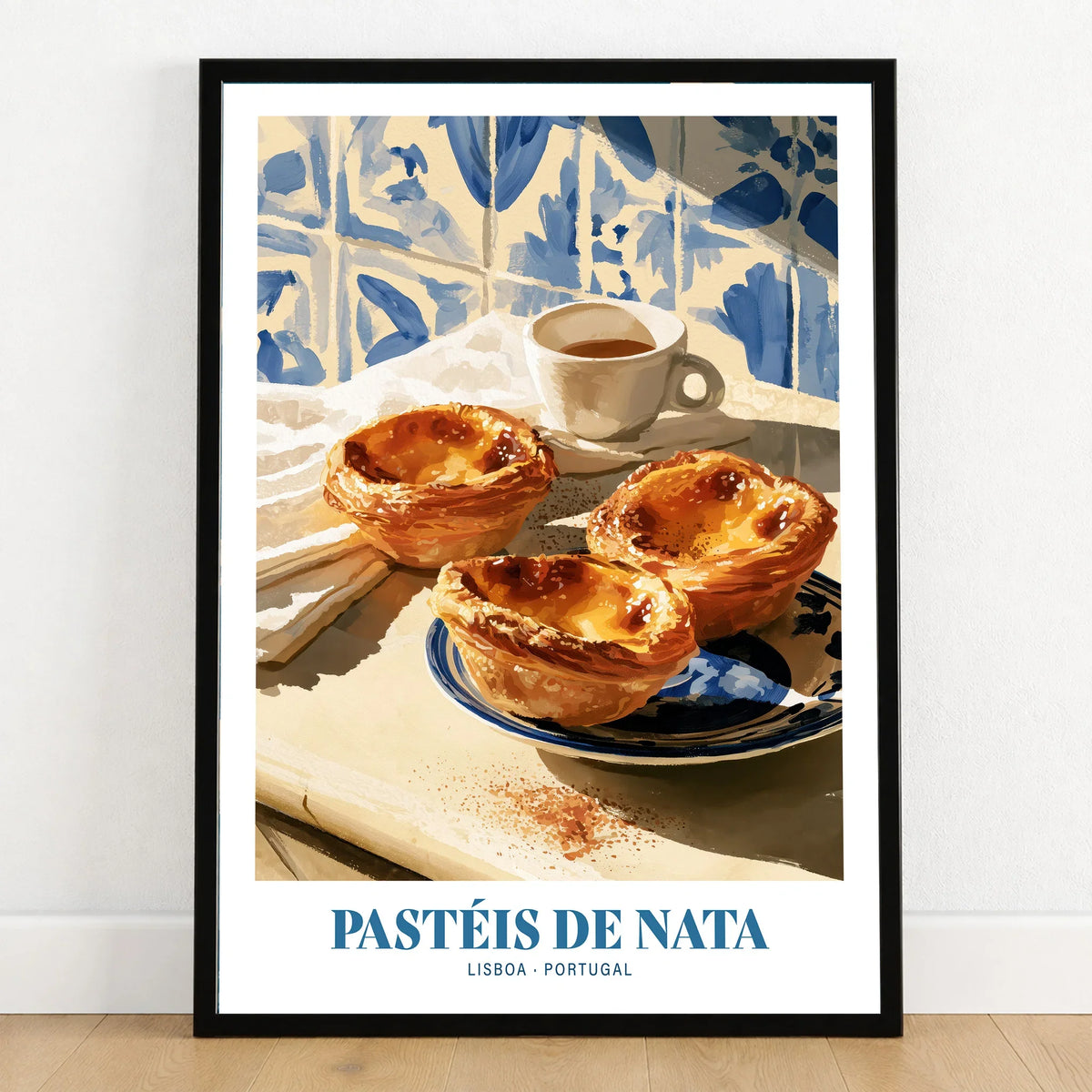 Pasteis de Nata Portuguese Kitchen Wall Art - art print in black frame on wooden floor