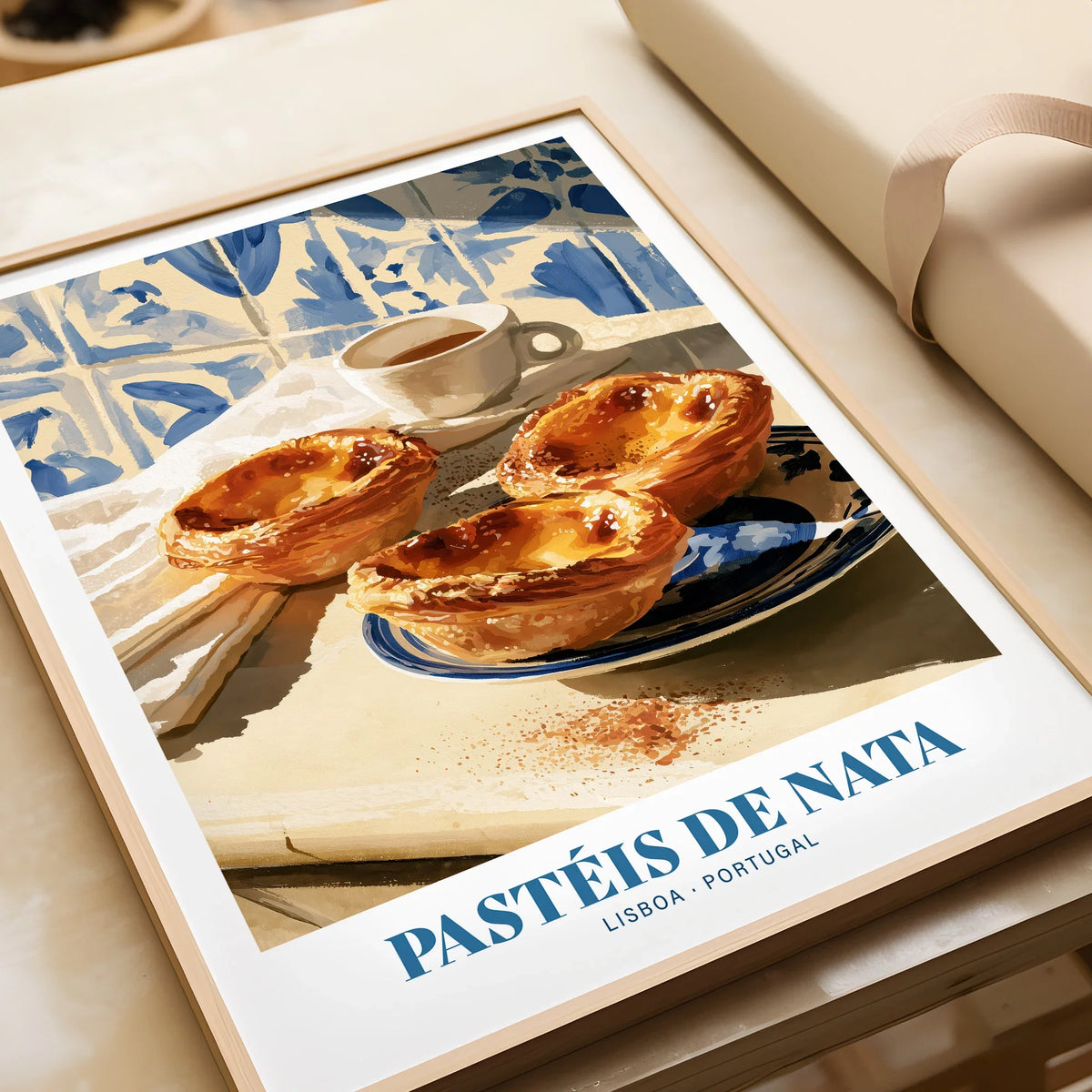 Pasteis de Nata Portuguese Kitchen Wall Art - framed art print closeup gift unwrapped natural frame