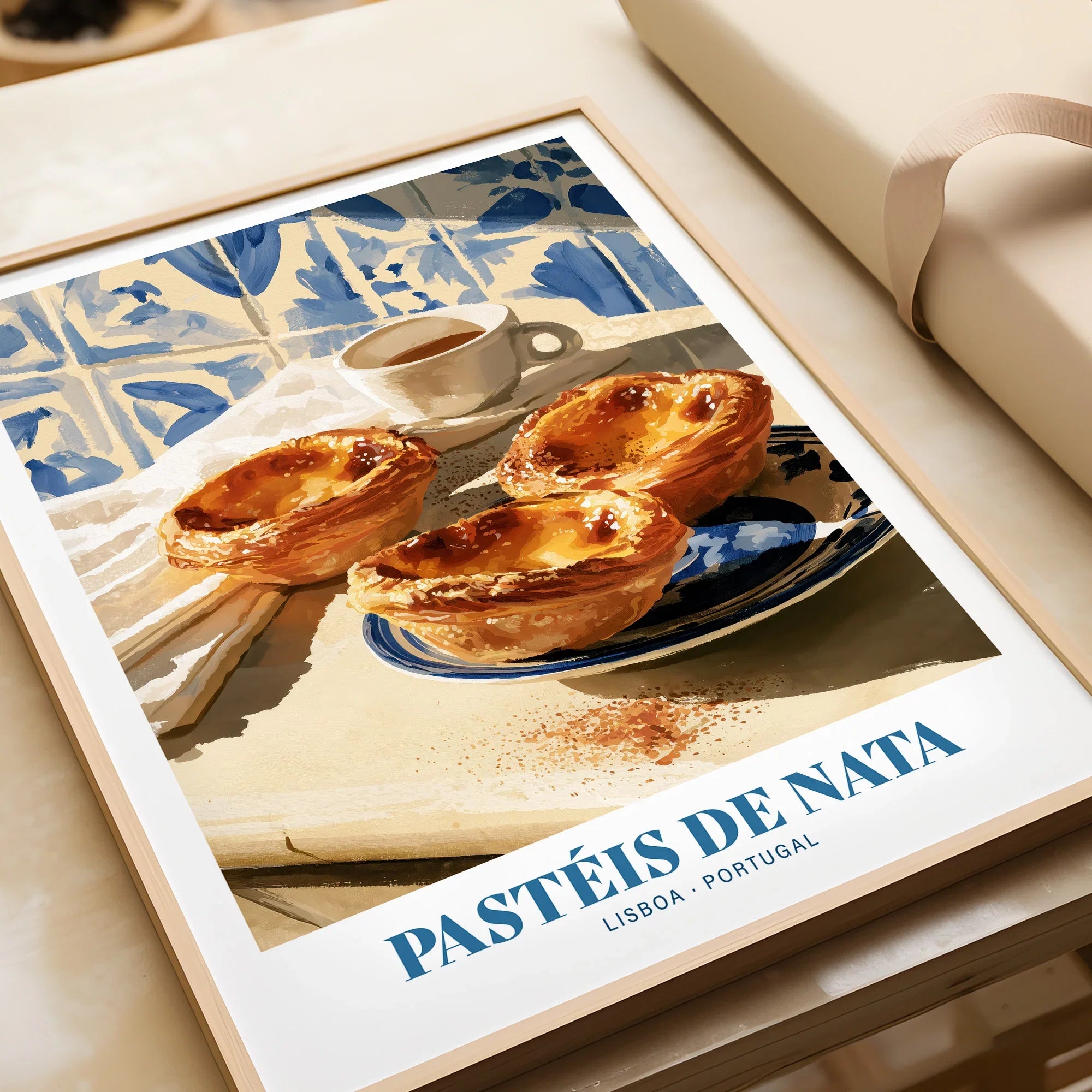 Pasteis de Nata Portuguese Kitchen Wall Art - framed art print closeup gift unwrapped natural frame
