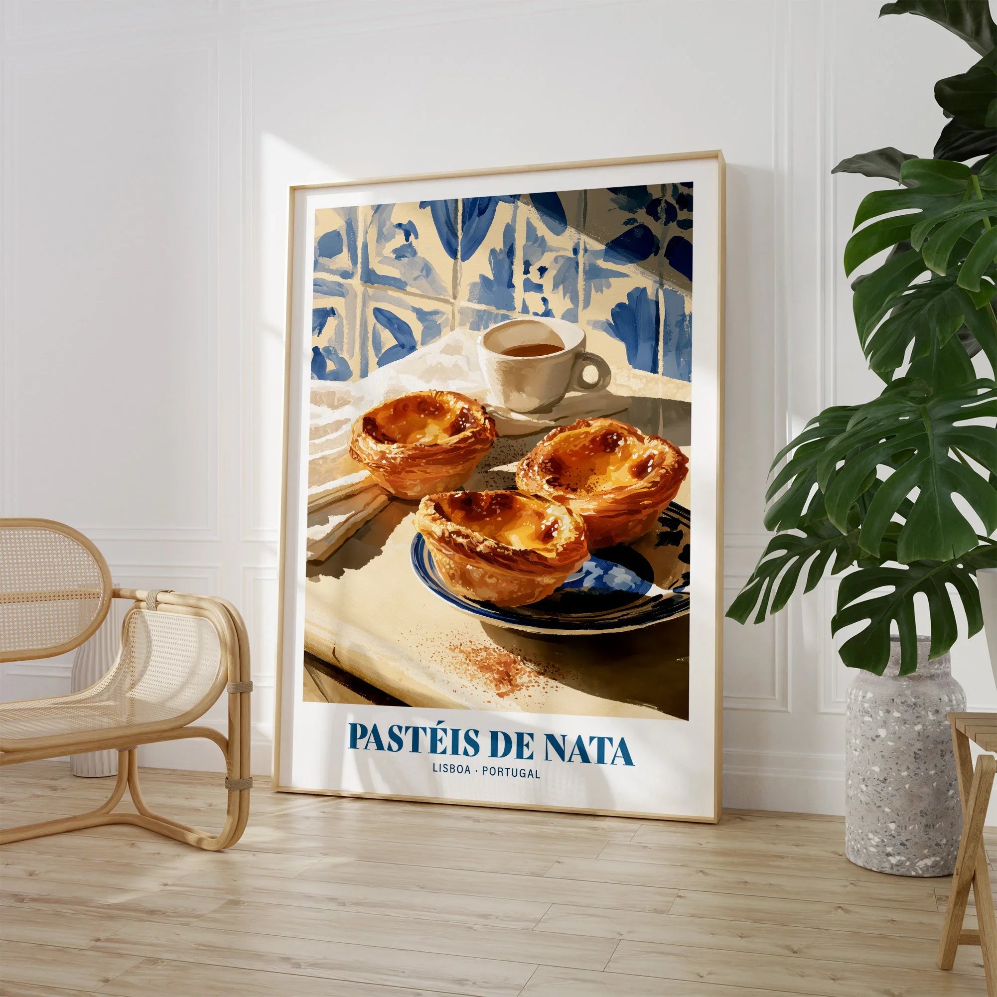 Pasteis de Nata Portuguese Kitchen Wall Art - large framed print room setting chair plant