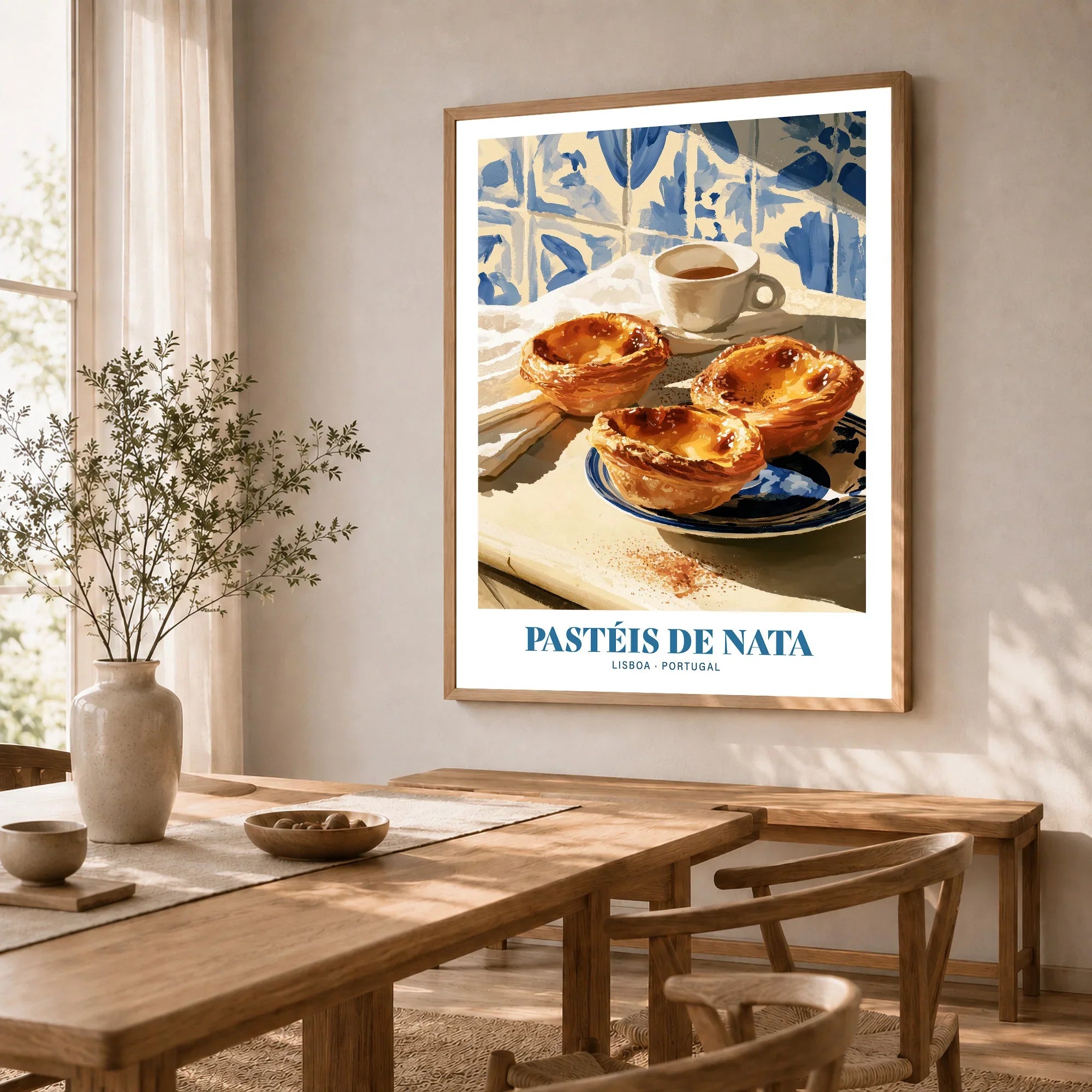 Pasteis de Nata Portuguese Kitchen Wall Art - dining room framed print natural wood frame mockup ThisArtWorld