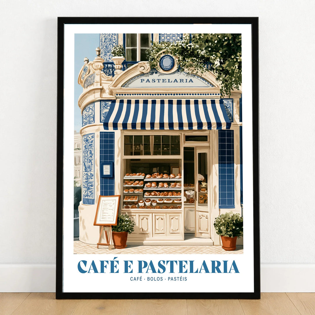 Portuguese Pastelaria Cafe Wall Art - art print in black frame on wooden floor