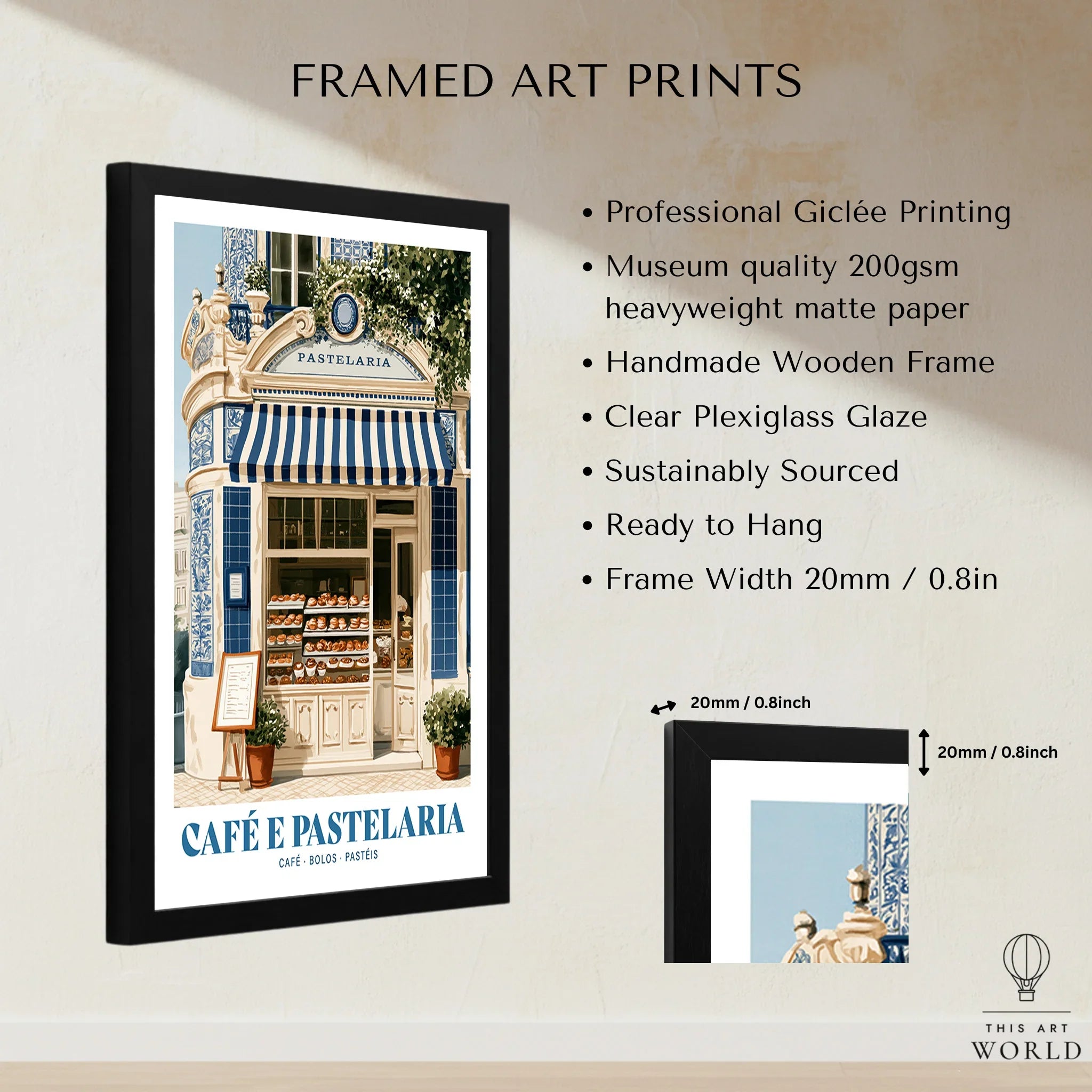 Portuguese Pastelaria Cafe Wall Art - framed print details measurements quality details