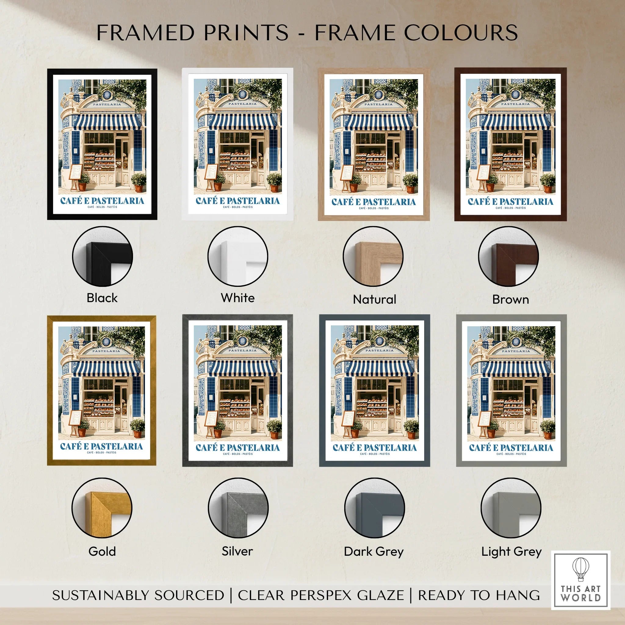 Portuguese Pastelaria Cafe Wall Art - framed print colour options