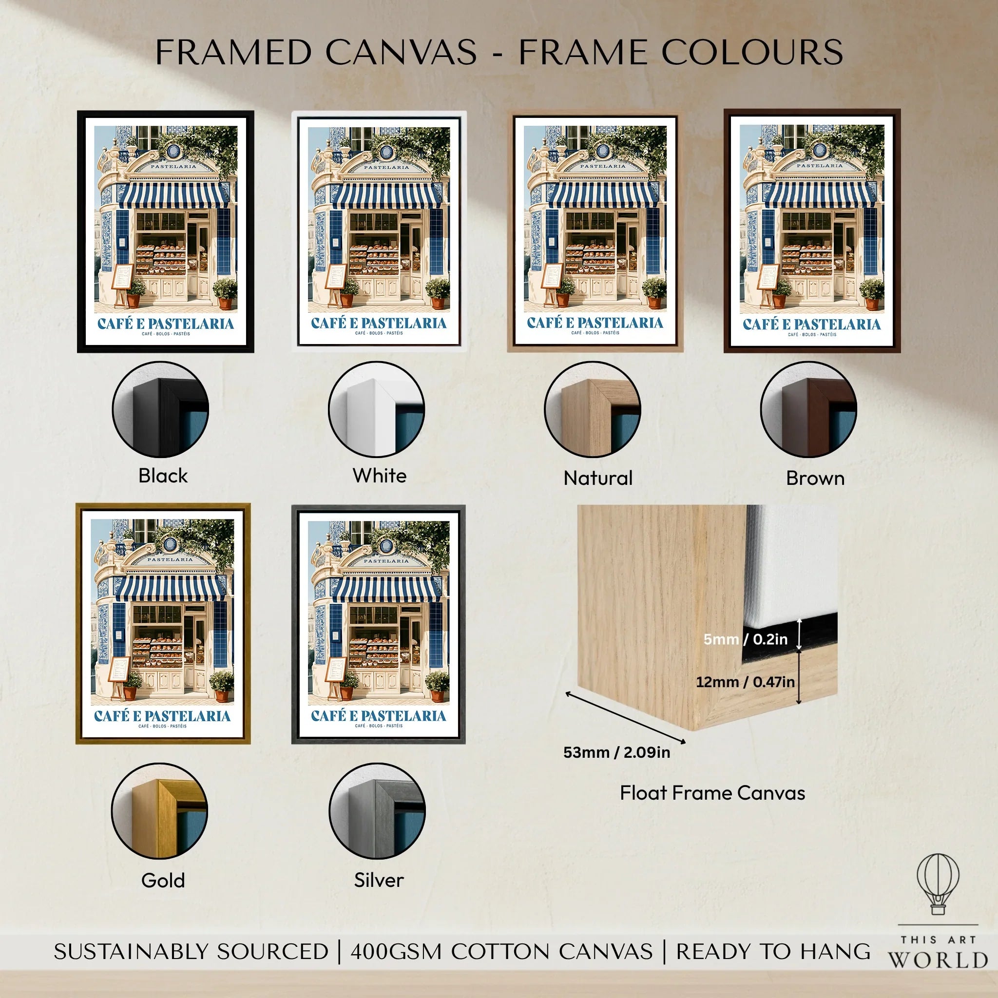 Portuguese Pastelaria Cafe Wall Art - framed canvas float frame colour options
