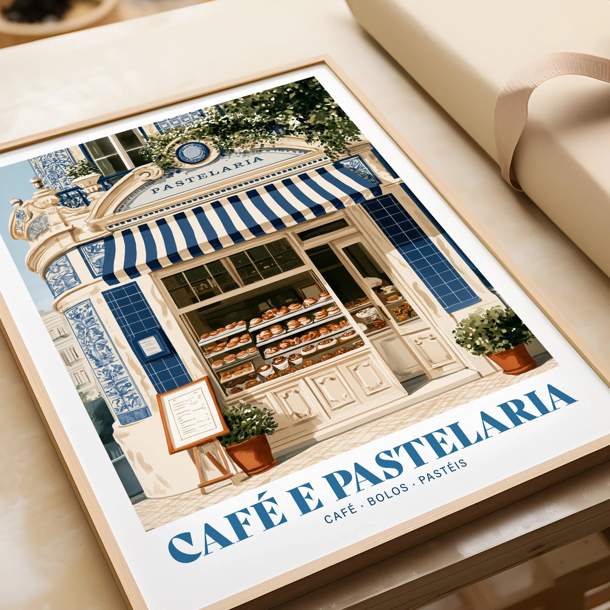 Portuguese Pastelaria Cafe Wall Art - framed art print closeup gift unwrapped natural frame
