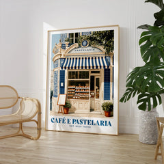 Portuguese Pastelaria Cafe Wall Art - large framed print room setting chair plant