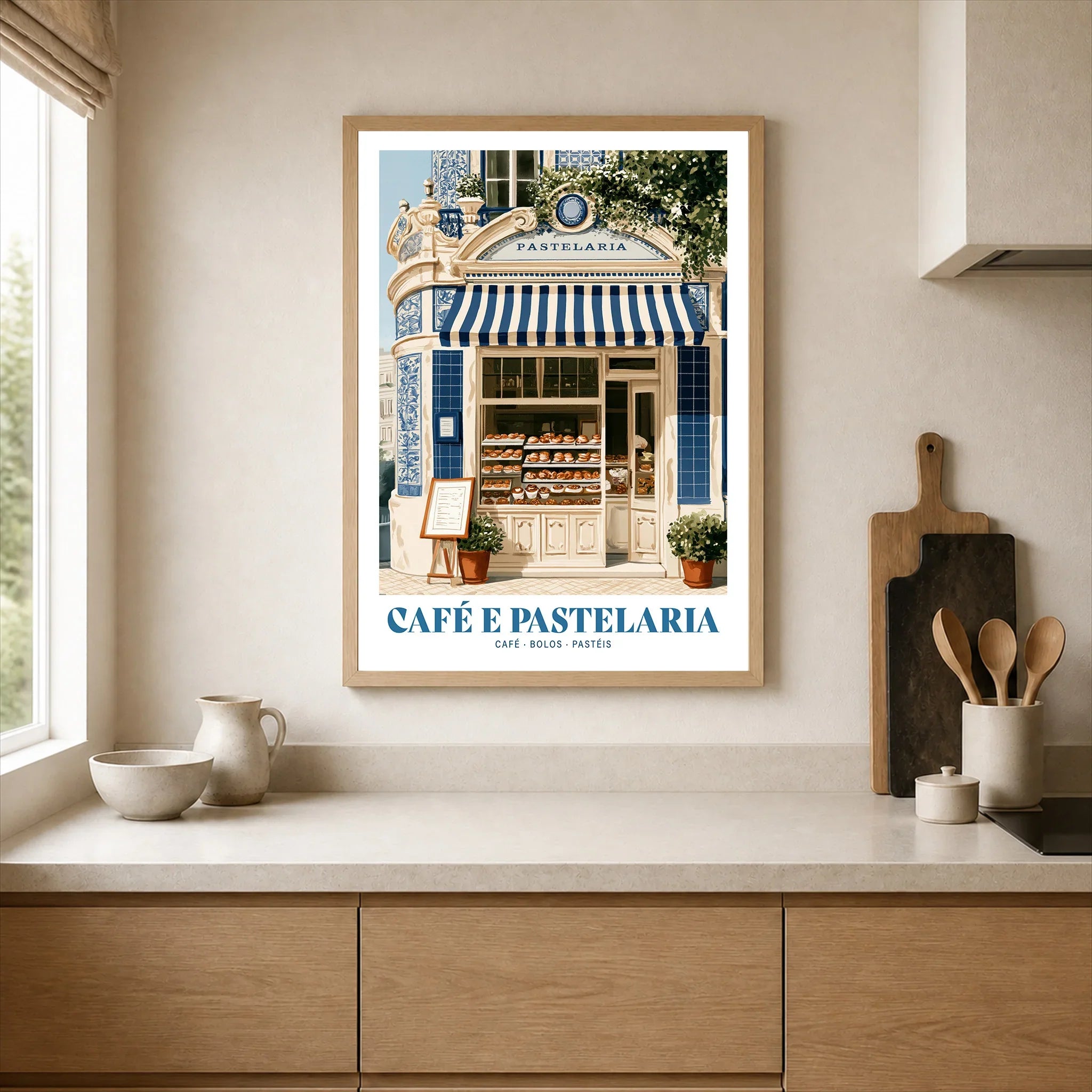 Portuguese Pastelaria Cafe Wall Art - neutral kitchen single frame mockup This Art World