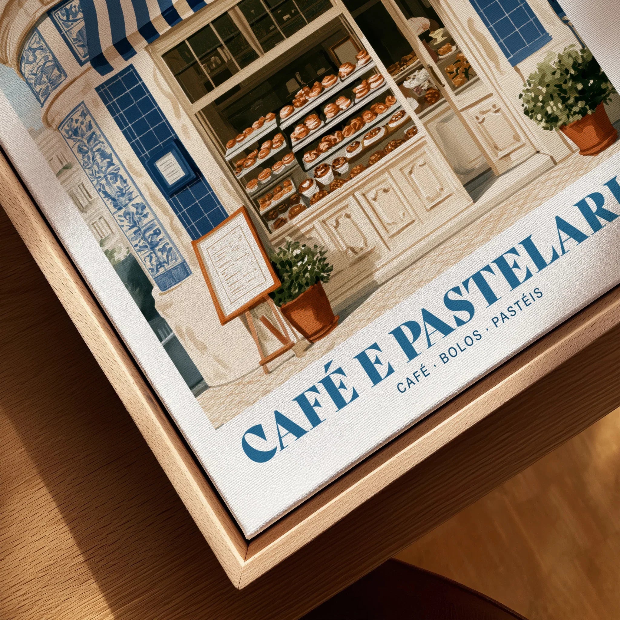 Portuguese Pastelaria Cafe Wall Art - closeup framed canvas natural wood floating frame