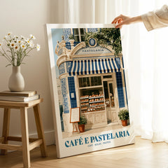 Portuguese Pastelaria Cafe Wall Art - canvas print mirror edge hand holding room setting