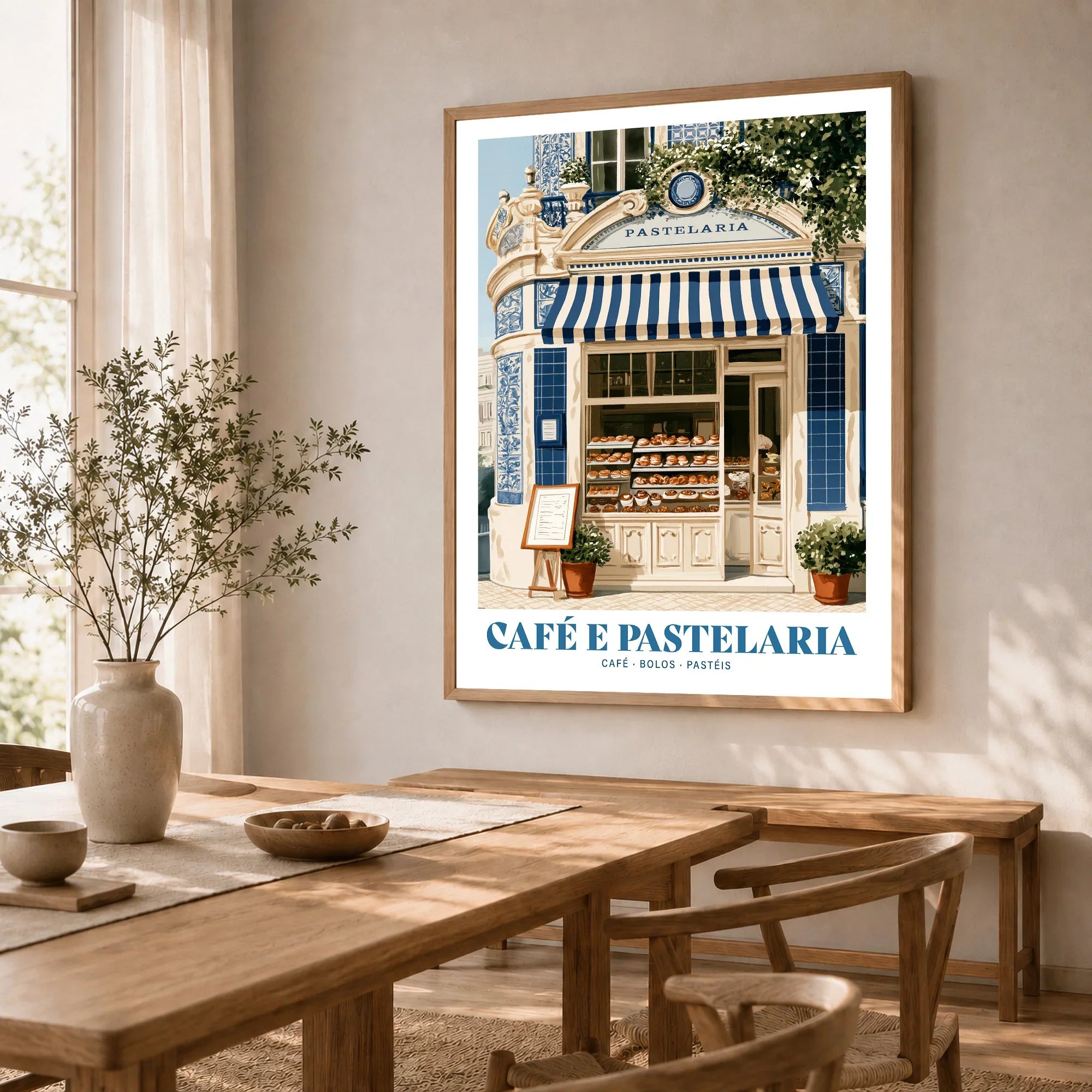 Portuguese Pastelaria Cafe Wall Art - dining room framed print natural wood frame mockup ThisArtWorld